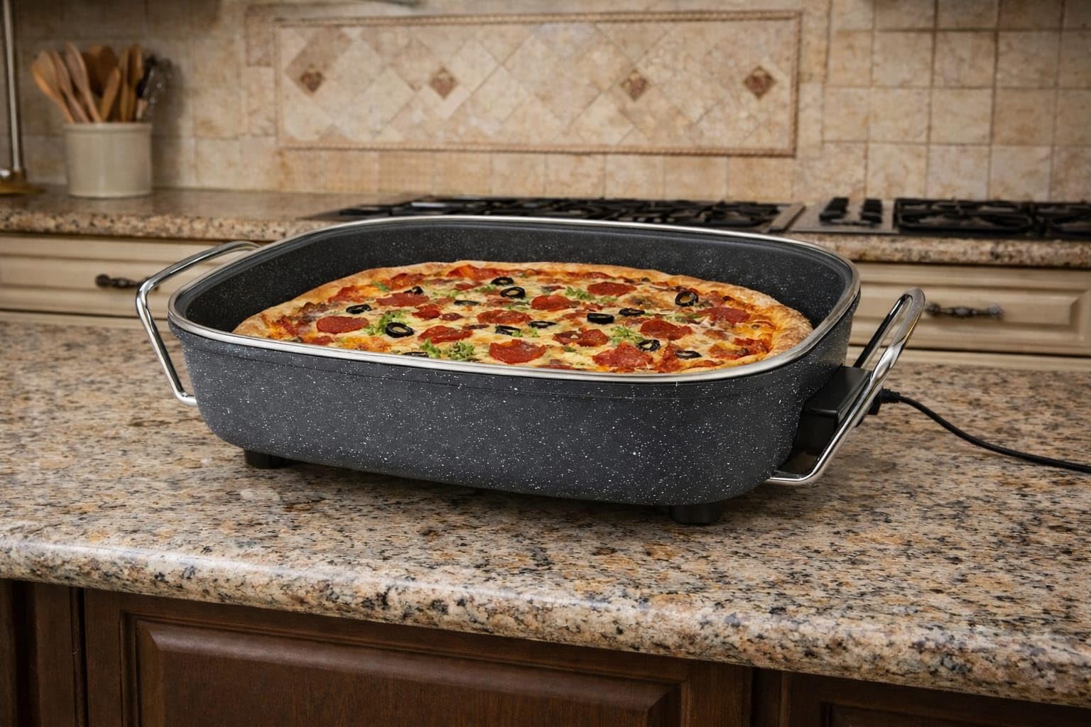 Poêle marmite électrique avec couvercle 6L PIZZAPAN Hot Pot thermostatique, couvercle en verre & volume XXL avec revêtement antiadhésif - parfait pour paella, braisage & wok 1500W Effet Granite