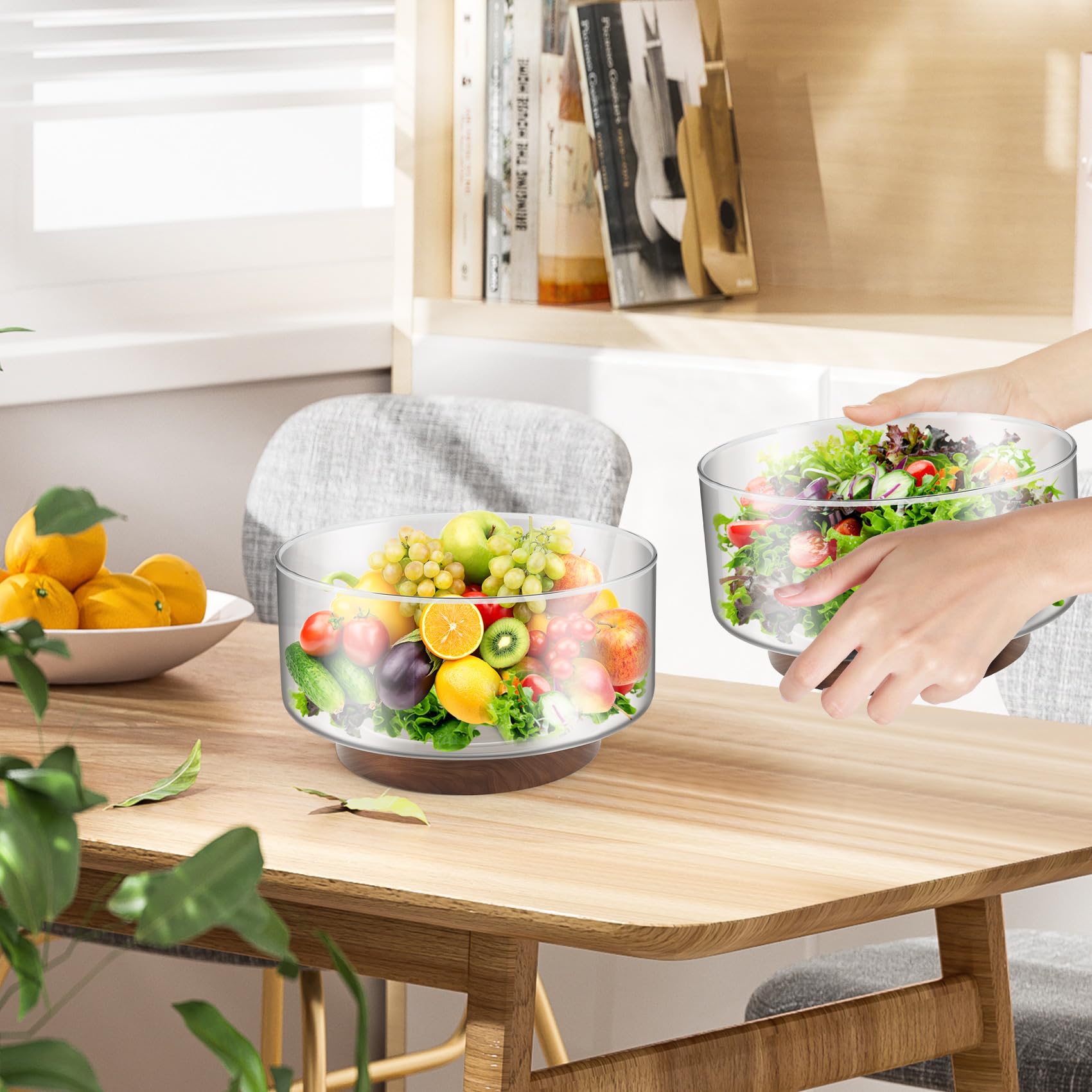 Cuenco grande de cristal de 3700 ml con pinzas de ensalada de madera, diseño de estabilidad mejorada, cuenco versátil para ensaladas, frutas, ideal para reuniones y comidas familiares diarias