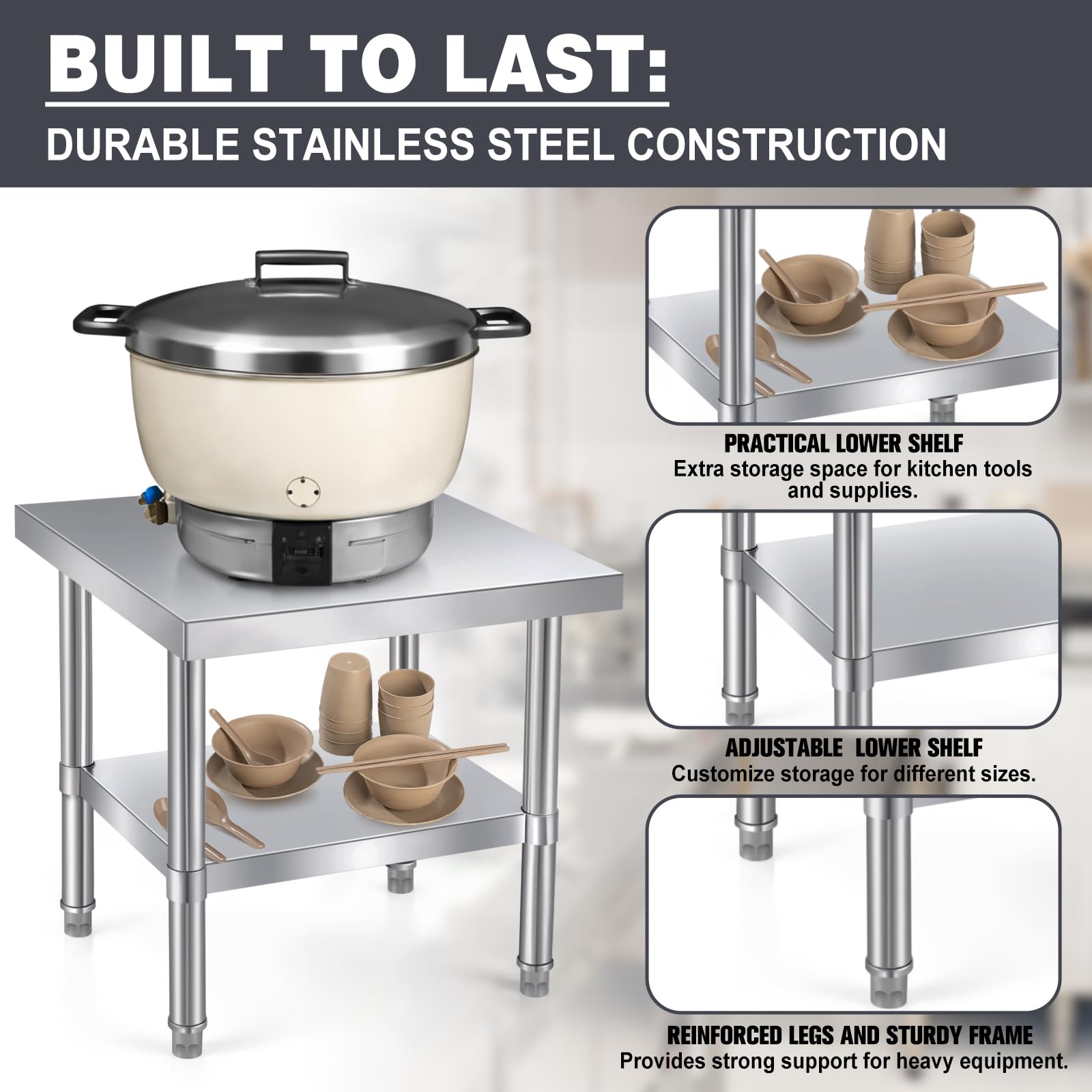 Tudomro Support de cuiseur à riz à gaz en acier inoxydable, 50,8 x 50,8 x 50,8 cm, table de cuisson à riz commerciale robuste avec étagère pour travaux de préparation pour cuisine commerciale et usage