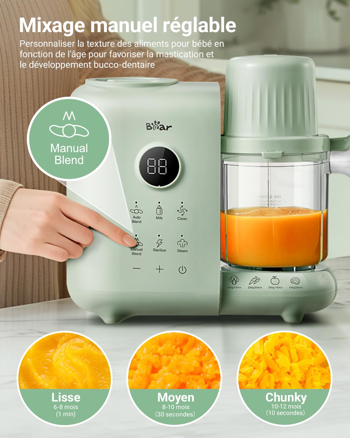 Bear Robot Cuiseur Mixeur Bébé avec Panier Vapeur 500ml,Robot Cuiseur Bebe Multifonctions Automatique Pour Purées Maison Sain,Désinfection,Fonction De Nettoyage Automatique,Sans BPA