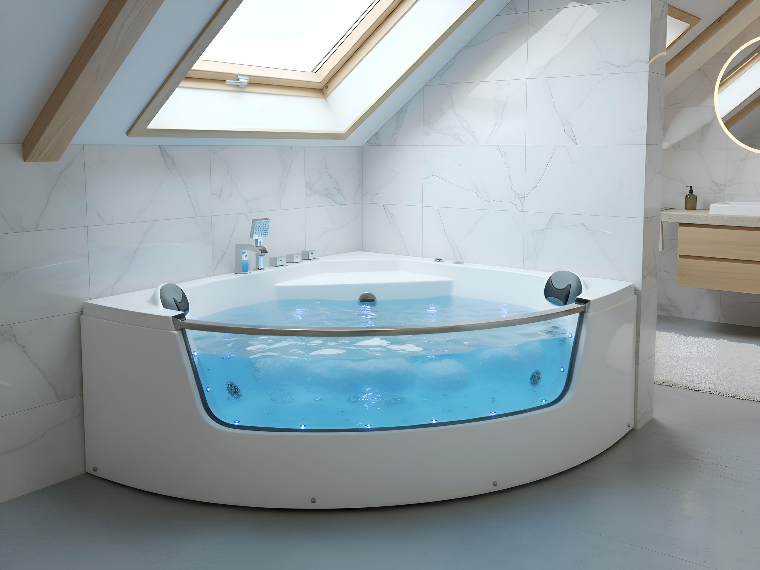 Wanna narożna z hydromasażem oświetlenie LED SPA akrylowa stalowa armatura 210 x 148 cm zagłówki biała Tamula