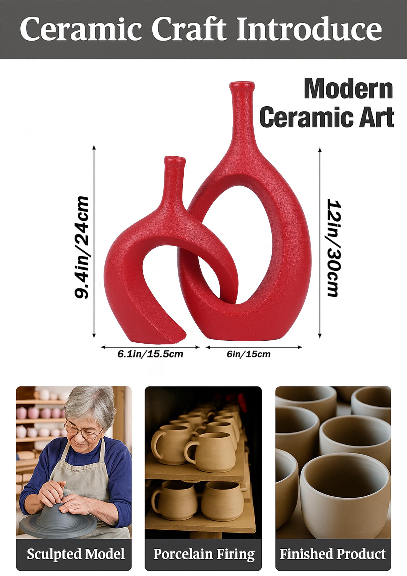 WUBIANJIE Set di Vasi in Ceramica Rossa - Arredamento Moderno Boho, Design Accogliente, Vasi per Soggiorno, Camera da Letto, Tavolo da Caffè, Camino