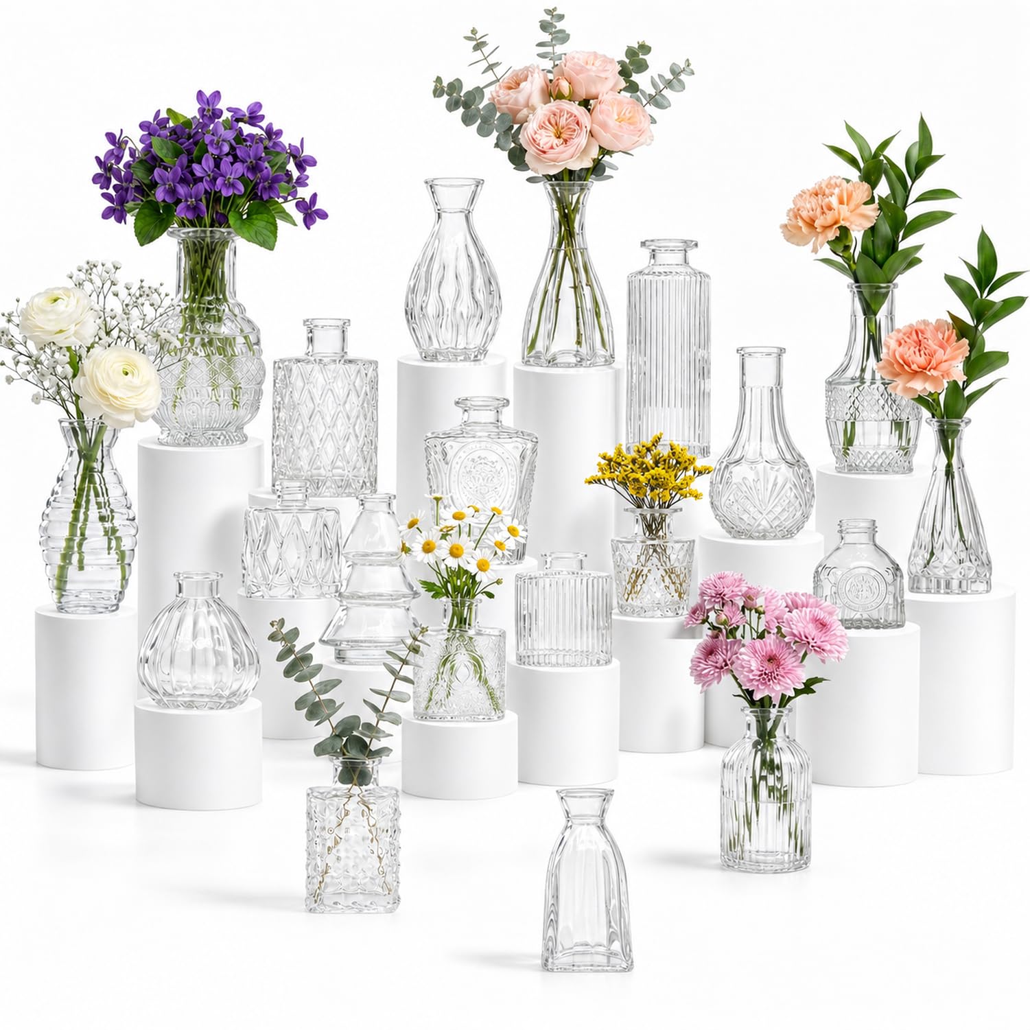 Juego de 20 jarrones de Cristal, pequeños jarrones Transparentes, decoración de Mesa de Centro de Mesa de Boda, Mini jarrones Transparentes Vintage en Relieve, arreglos Florales para Fiestas o
