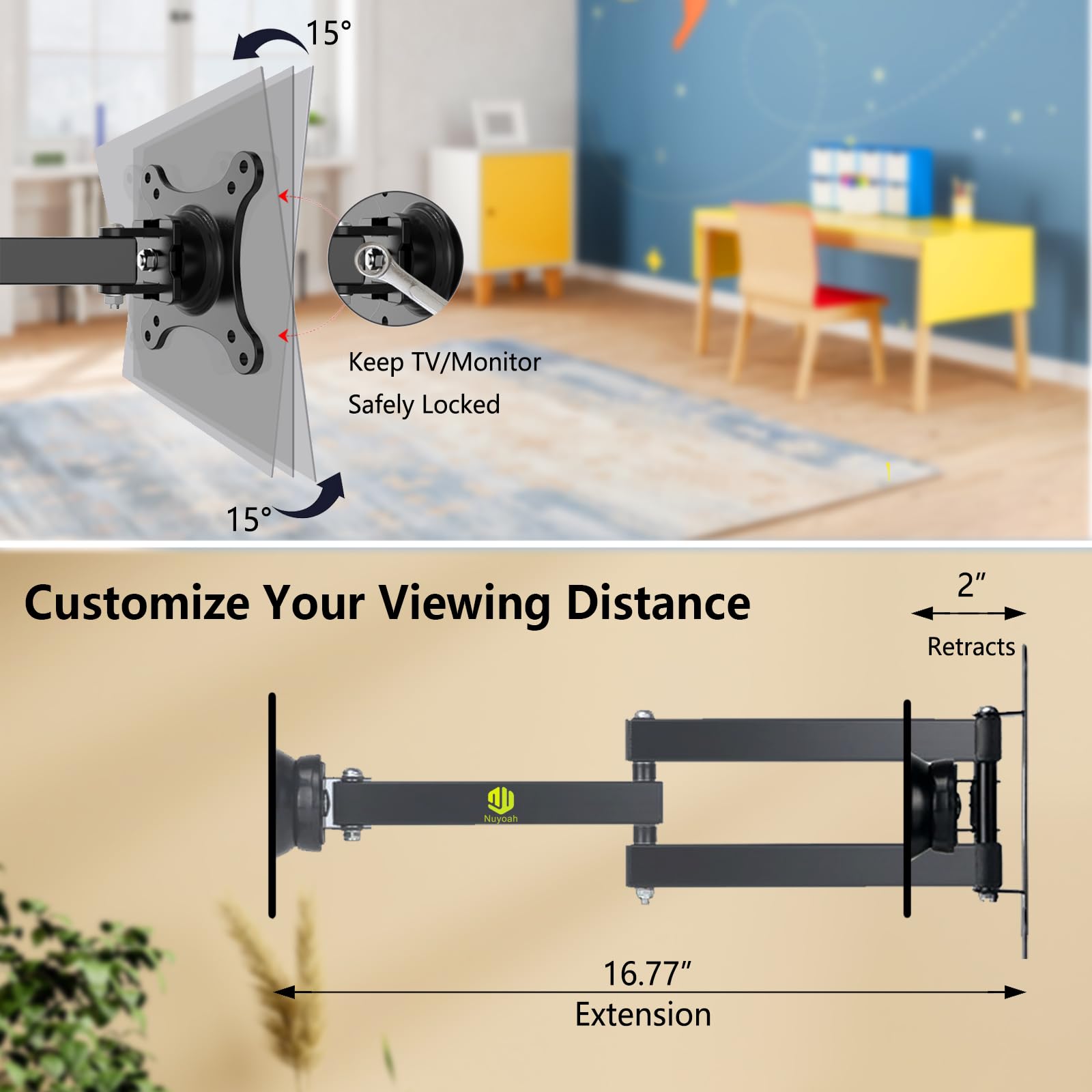 Nuyoah Soportes de pared para TV, rotación de inclinación giratoria, articulación de movimiento completo para la mayoría de monitores LED de 10 a 30 pulgadas, soporte de pared con brazo de extensión,