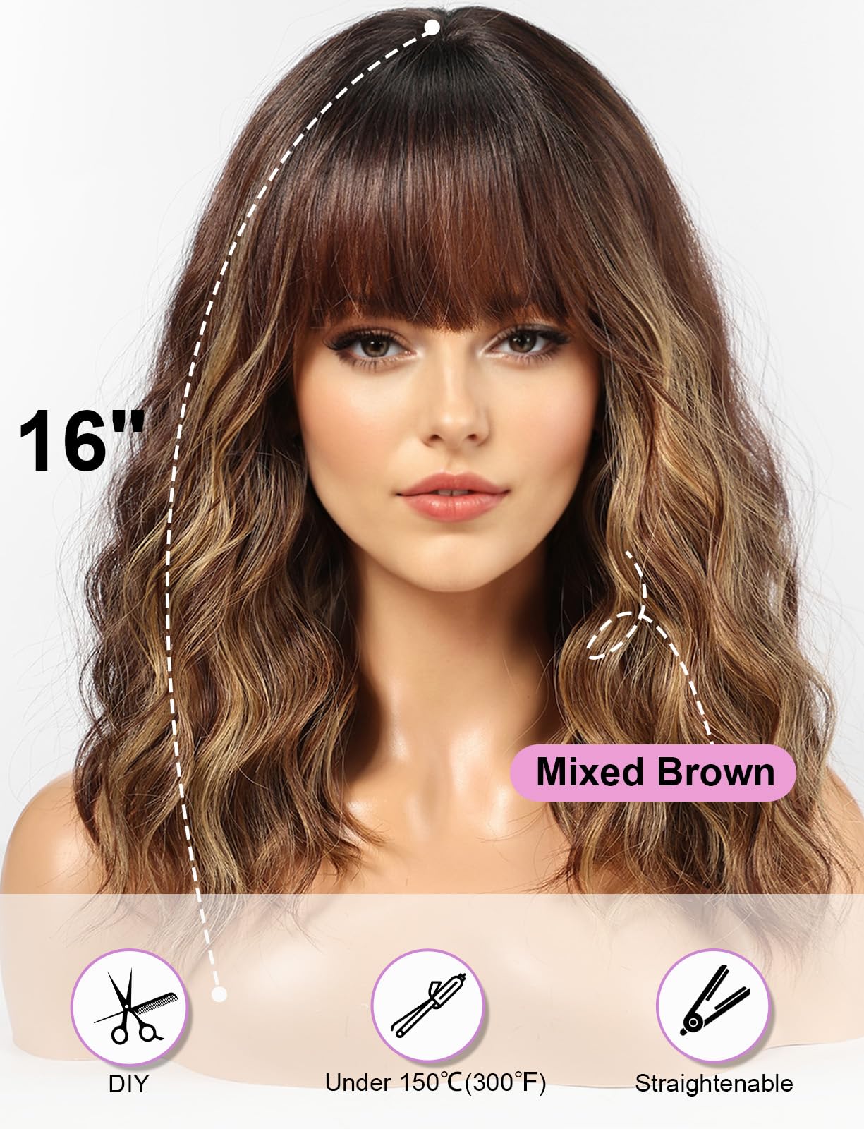 WOKESTAR Bob Wigs With Neat Fringe, Wavy Synthetic Wigs for Women Mixed Brown with Highlights Color, 22 inches - Image 4