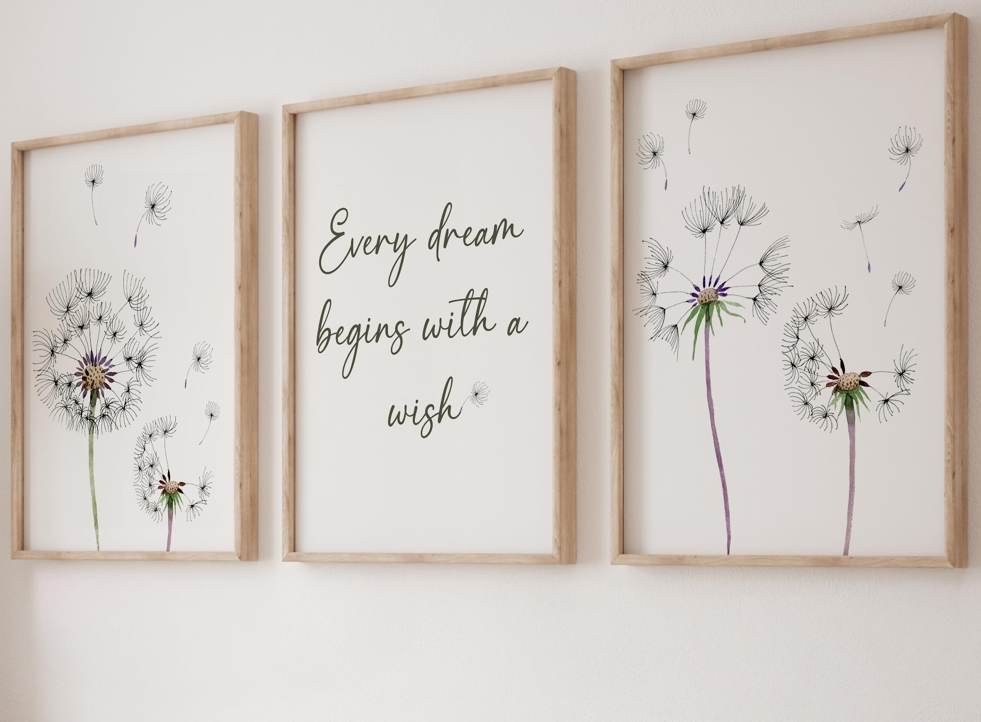 Eviepops Prints Dandelion Quote Wall Art Set of 3 Unframed Prints, Plant Decor, Living Room Bedroom Poster Home Decor, Every Dream Begins with a Wish (A3)