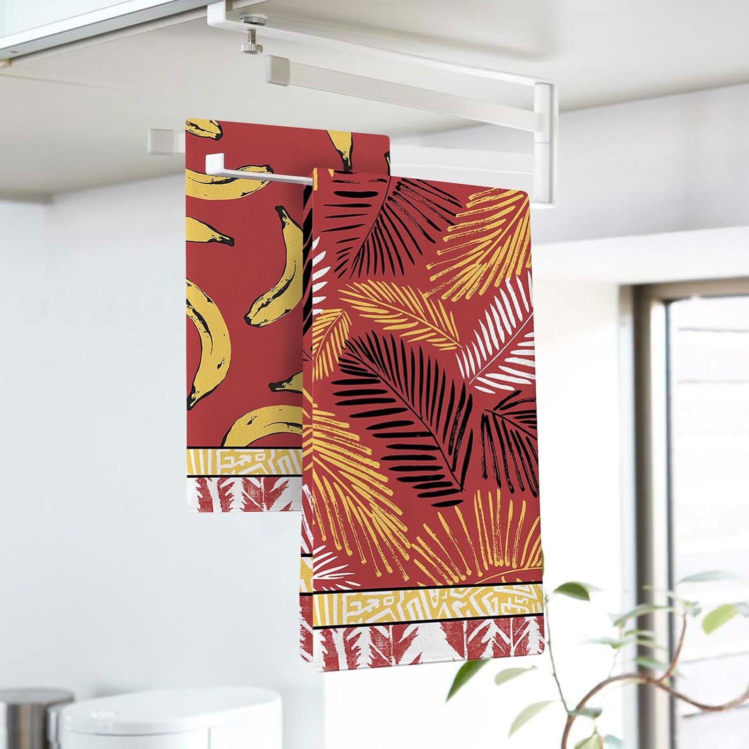 トロピカル バナナ ヤシの葉 キッチン ディッシュタオル 2枚セット レッド イエロー フルーツ 植物 乾燥 ハンドタオル ベーキン