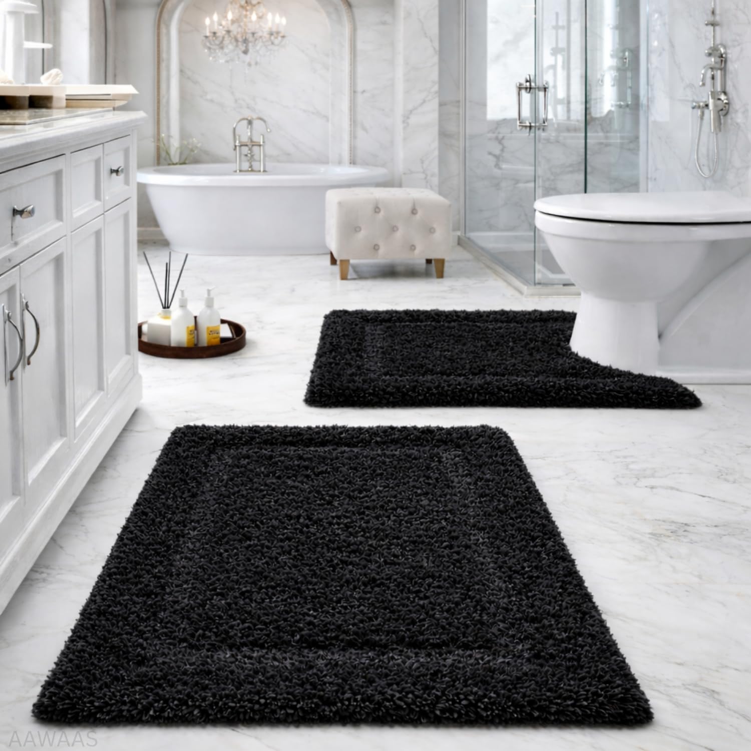 AAWAAS – U Shaped 50x60cm and 40x60cm Rect Non Slip & Super Absorbent Extra Thick Soft, Washable Bath Mats for Bathroom Contour Bath Rugs for Toilet,Dry Quick - Black Rect