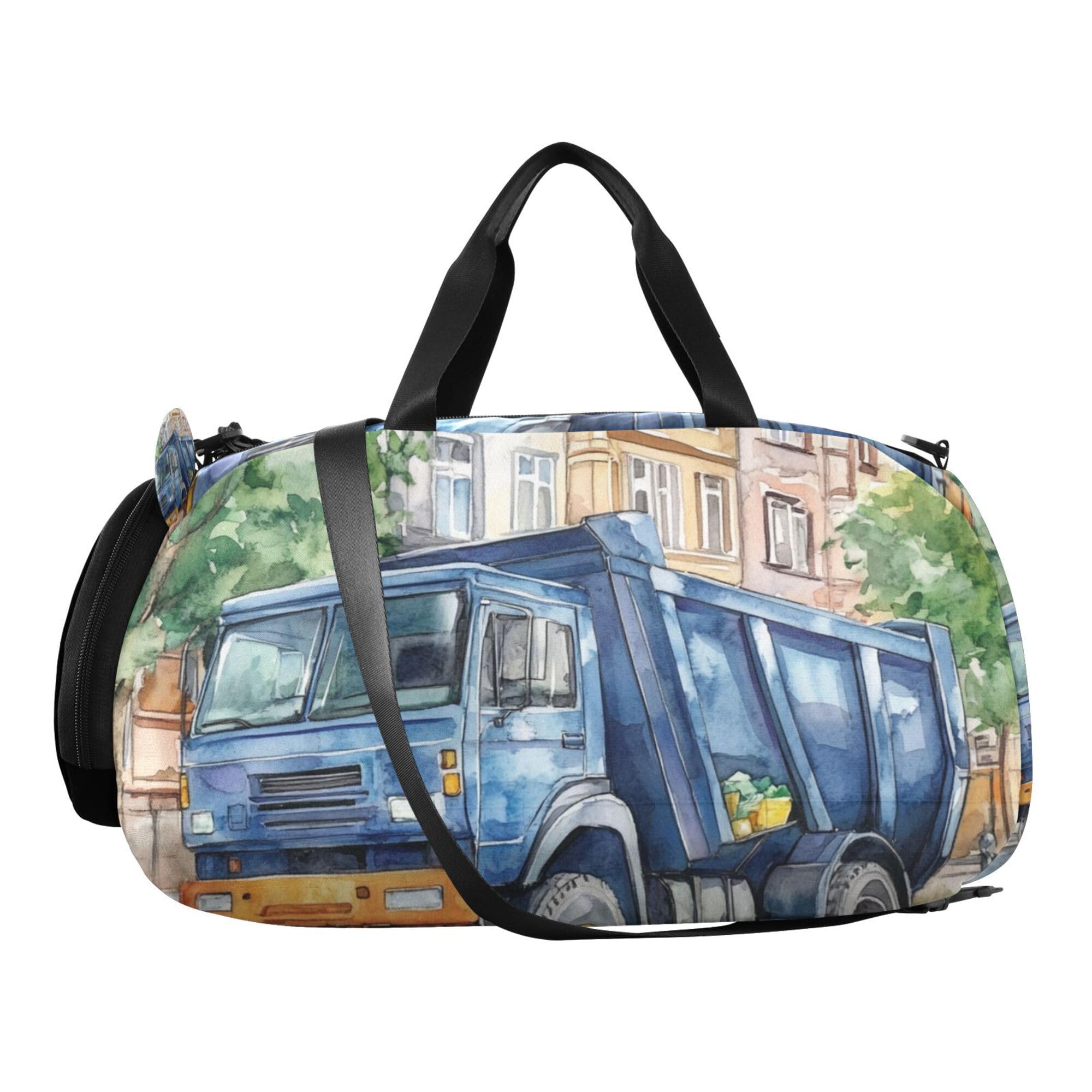 Glaphy Cartoon Garbage Truck Duffle Bag for Toddler Boys Girls, Gym Sports Bag with Shoe Compartments, Kids Travel Overnight Weekender Shoulder Bag