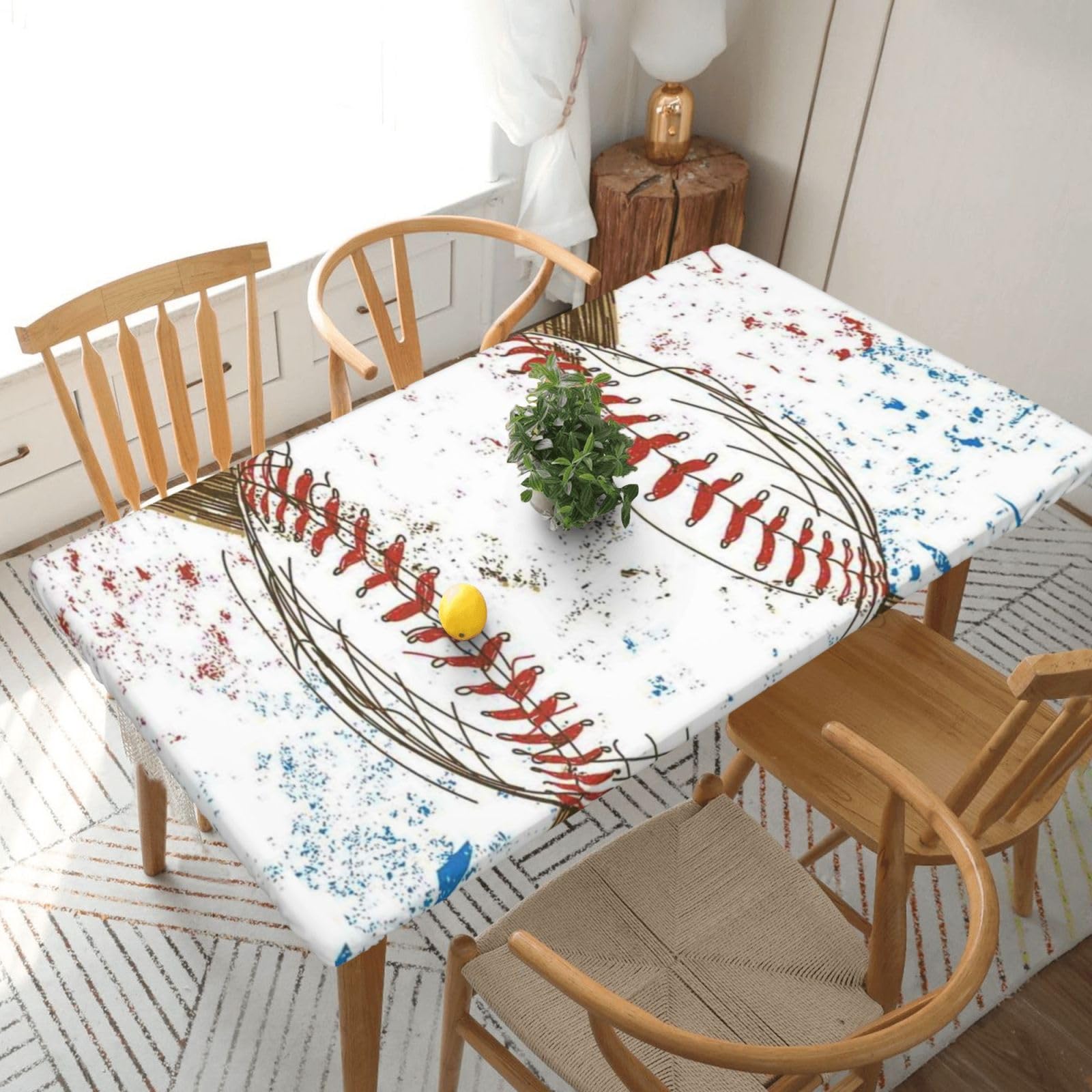 DCEHGEW Elastic Fitted Rectangle Tablecloth for 5ft Tables, Hand Drawn Baseball Bats and Ball Printed Oilproof & Washable Fabric Picnic Table Cloth Table Covers