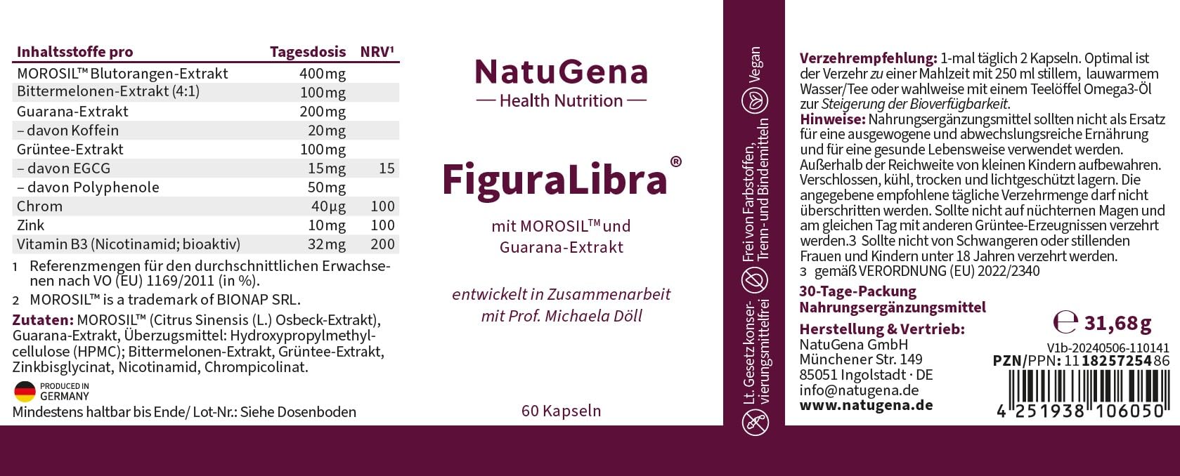 NautuGena FiguraLibra 400 mg MOROSIL Blutorangen-Extrakt & 200 mg Guarana-Extrakt, trägt zu einem normalen Stoffwechsel von Makronährstoffen bei durch Chrom und Zink, 60 Kapseln (1 Monats Packung)