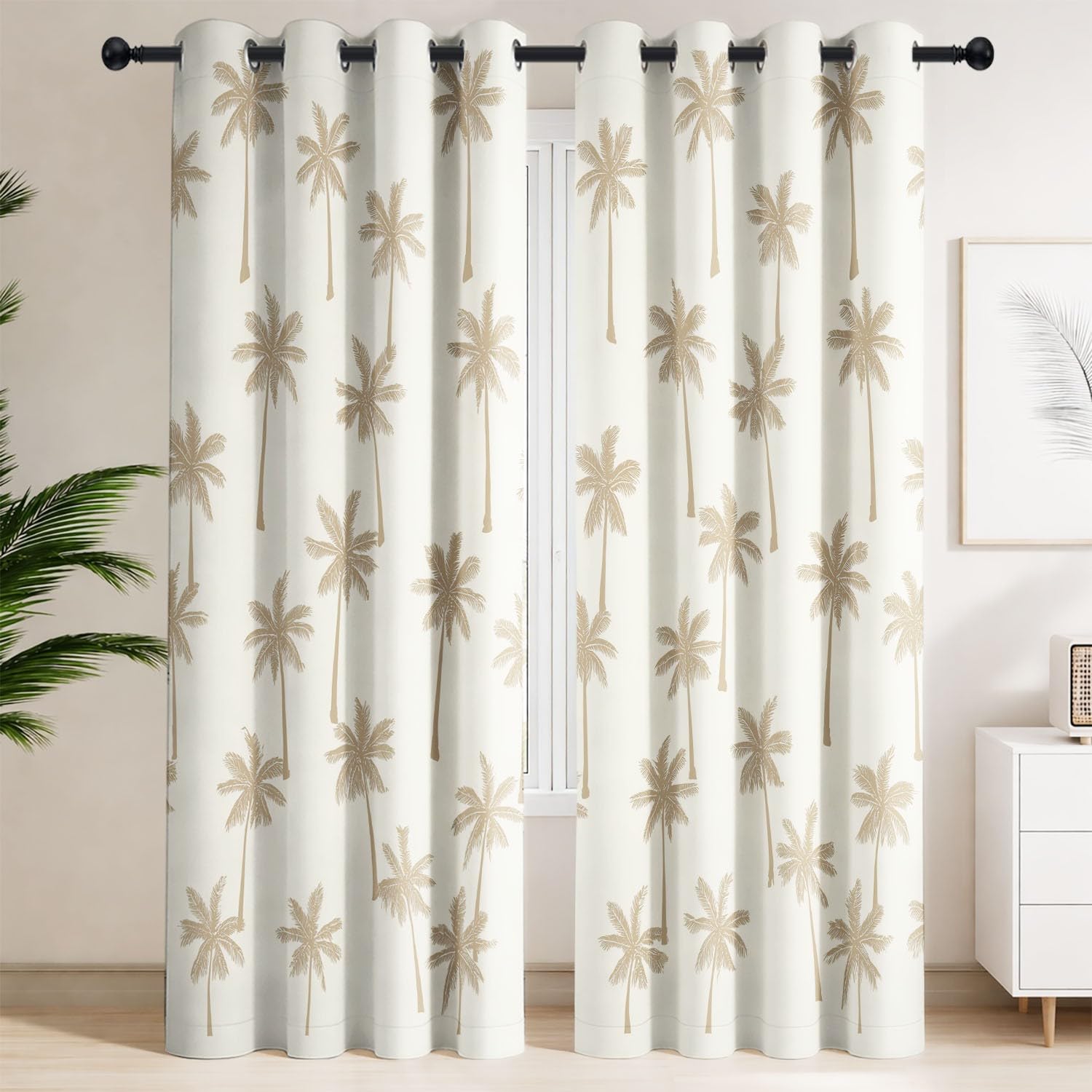 Rideaux Occultants Simple, Silhouette, Naturel, Silhouette 135 x 240 CM | Anti Froid et Chaleur - Lot de 2 Rideaux Style Motif à Répétition, Palmiers, Plantes pour le salon et la chambre à coucher