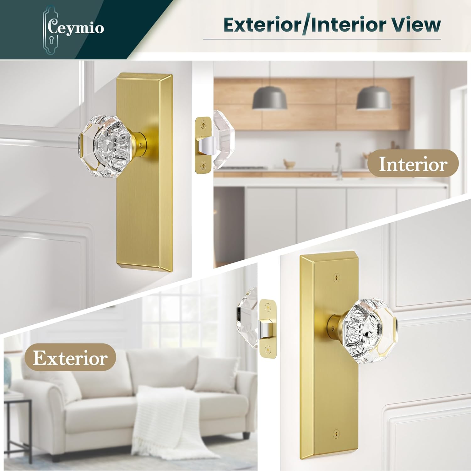 glass door knobs for interior doors - vintage crystal passage closet & hallway door knob - diamond cut door handle - brushed bold finish (1 pack) passage brushed gold