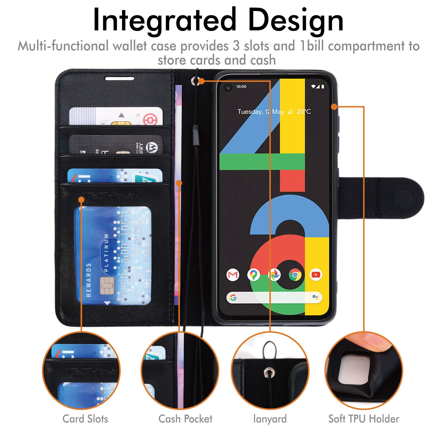 TECHGEAR Leder-Hülle Für Google Pixel 4a – Flip Case Mit Ständer & Handschlaufe