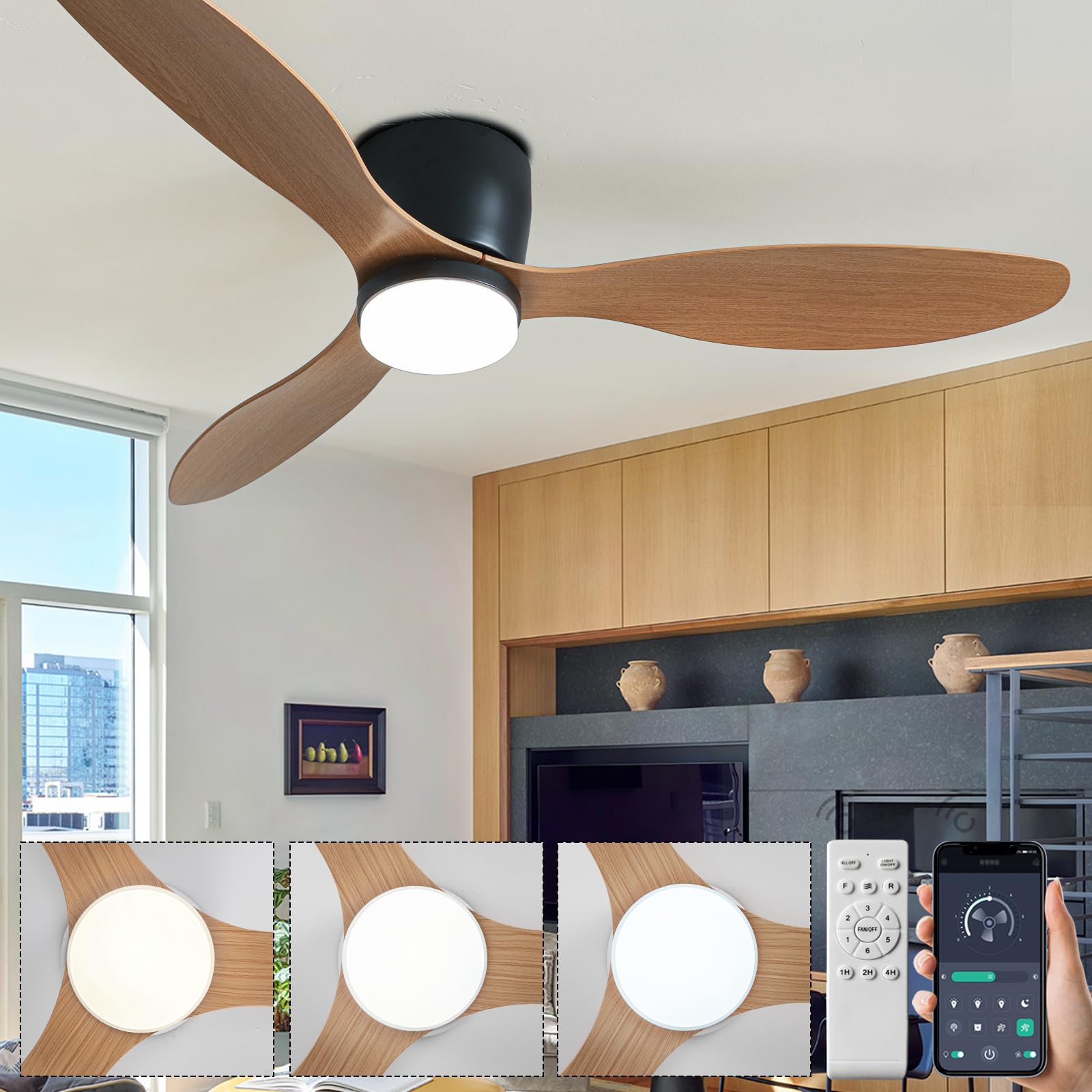 SXDMOUBK Large Ceiling Fan with Lights Remote Control 6 Silent Speeds Timer 3 CCT Selectable Reversible DC Motor Wood Grain Finish 3 Blade Design for Living Room & Lounge