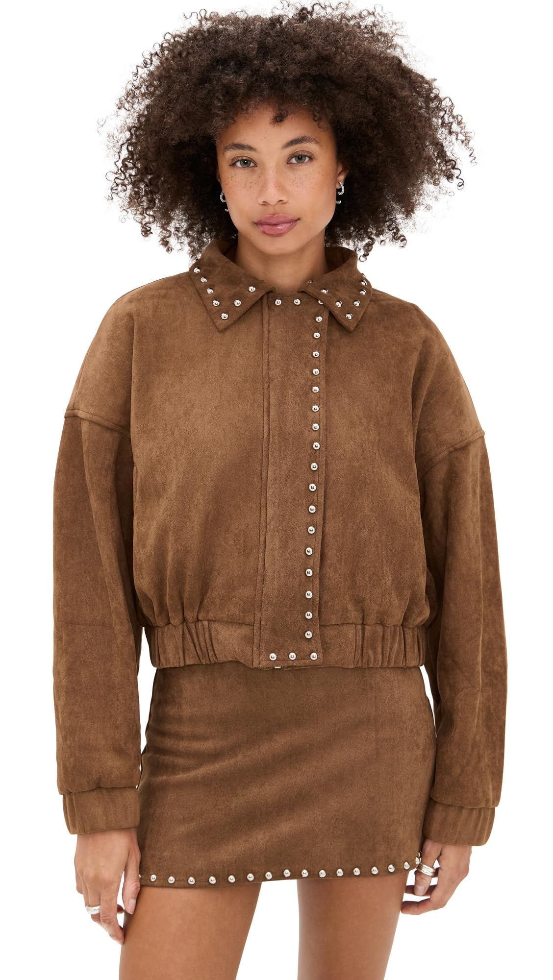 MOON RIVER Womens Stud Detail Zipper Front Faux Suede Jacket