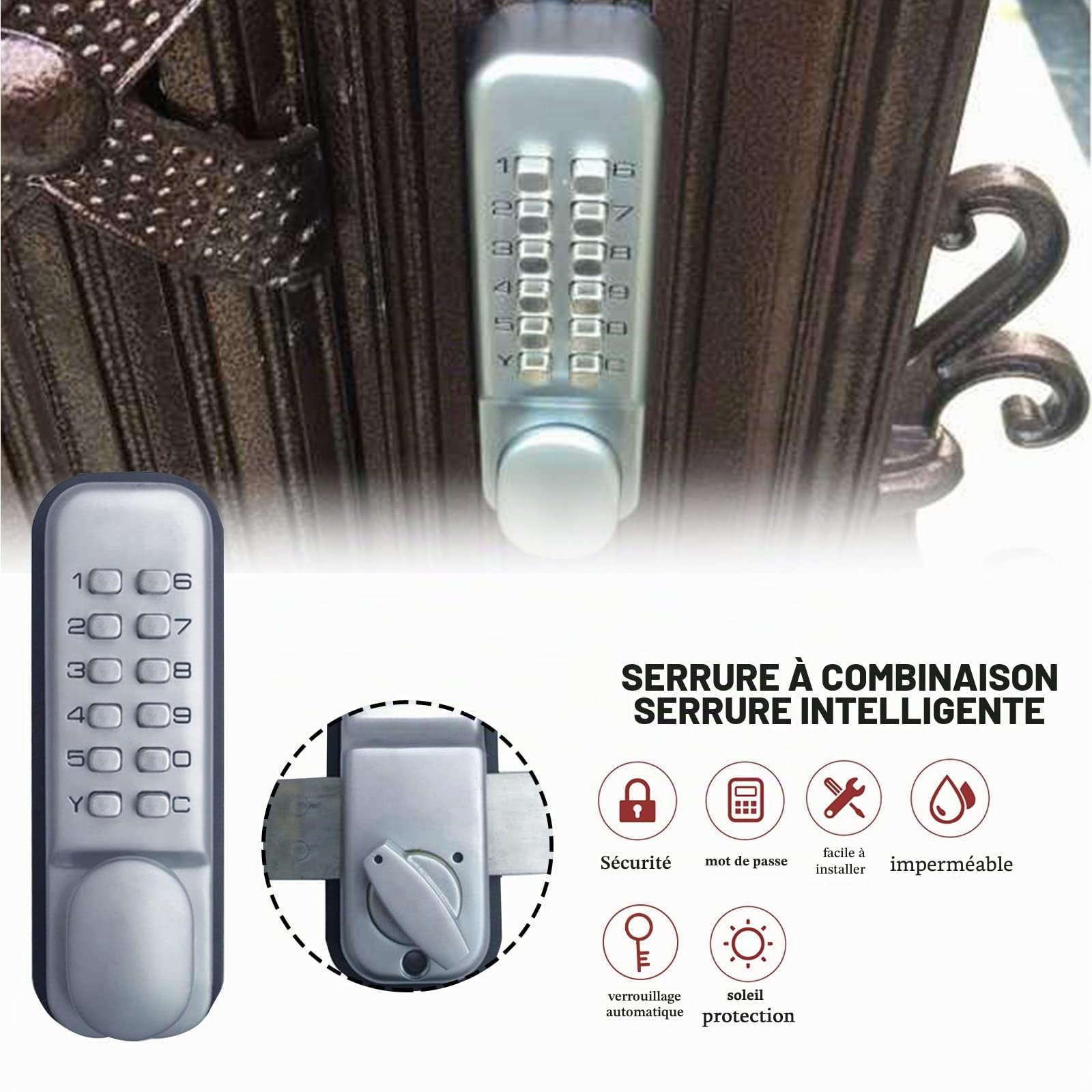 Serrure de porte mécanique, clavier d'entrée sans clé serrure numérique étanche, serrures de porte de maison à code de 1 à 11 chiffres, serrure codée sans clé serrures de verrouillage de porte