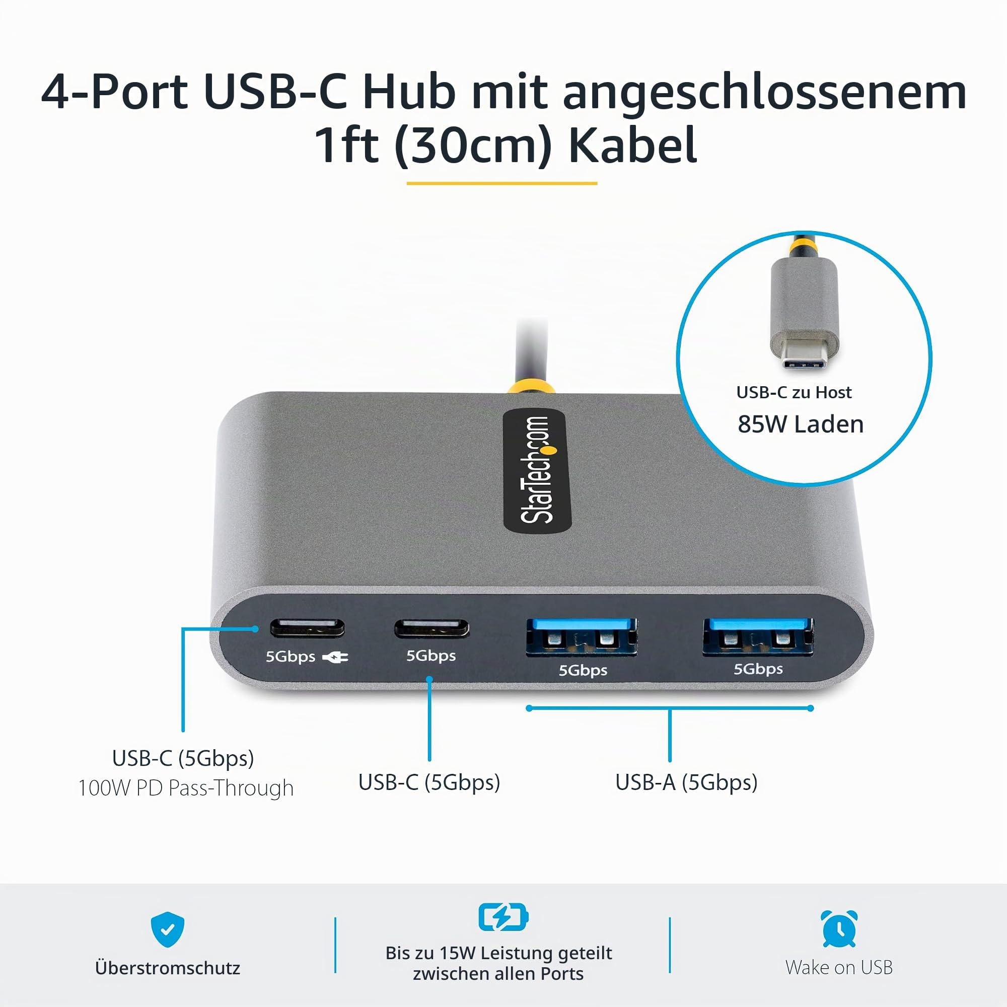 StarTech 4-Port USB-C Hub 5Gbps mit 100W PD, 30cm (5G2A2CPDB-USB-C-HUB) | 2x USB-A und 2x USB-C, Pass-Through, Tragbar, Mini Hub, USB 3.0, Splitter