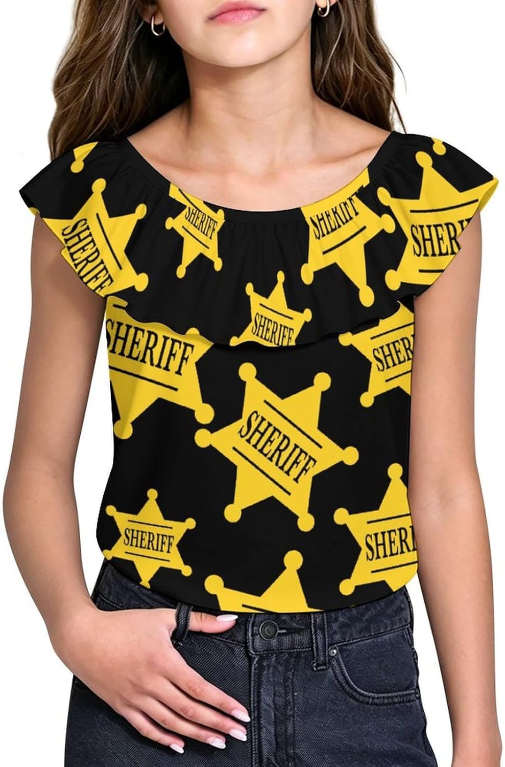 Sheriff Logo Girls T-Shirts Top Ruffle Short Sleeve Blouse Casual Graphic Tees