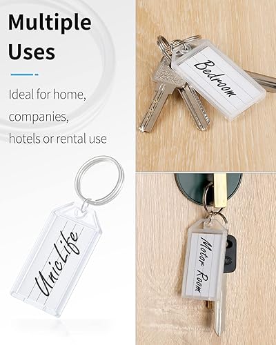 Miniatura 4 de Uniclife 200 etiquetas para llaves de plástico de 2 pulgadas con etiquetas de papel en blanco a rayas, cubiertas transparentes y anillos divididos,