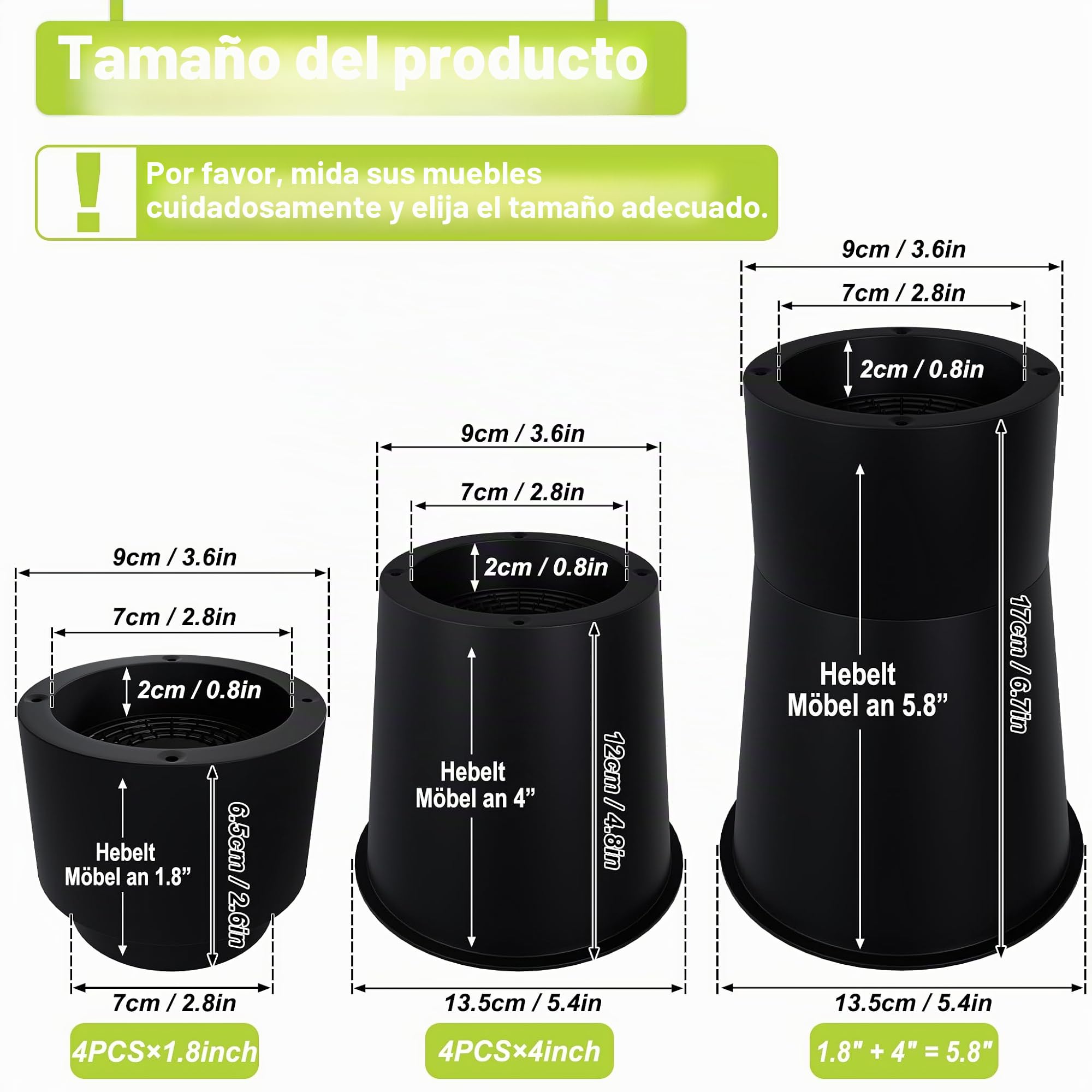 Regulowane okrągłe podstawy stołu 12 cm i 6,5 cm – 8-pak trwałych podkładek PP do wysokości mebli łóżkowych i krzeseł – idealne rozwiązanie oszczędzające miejsce i zwiększenie wysokości
