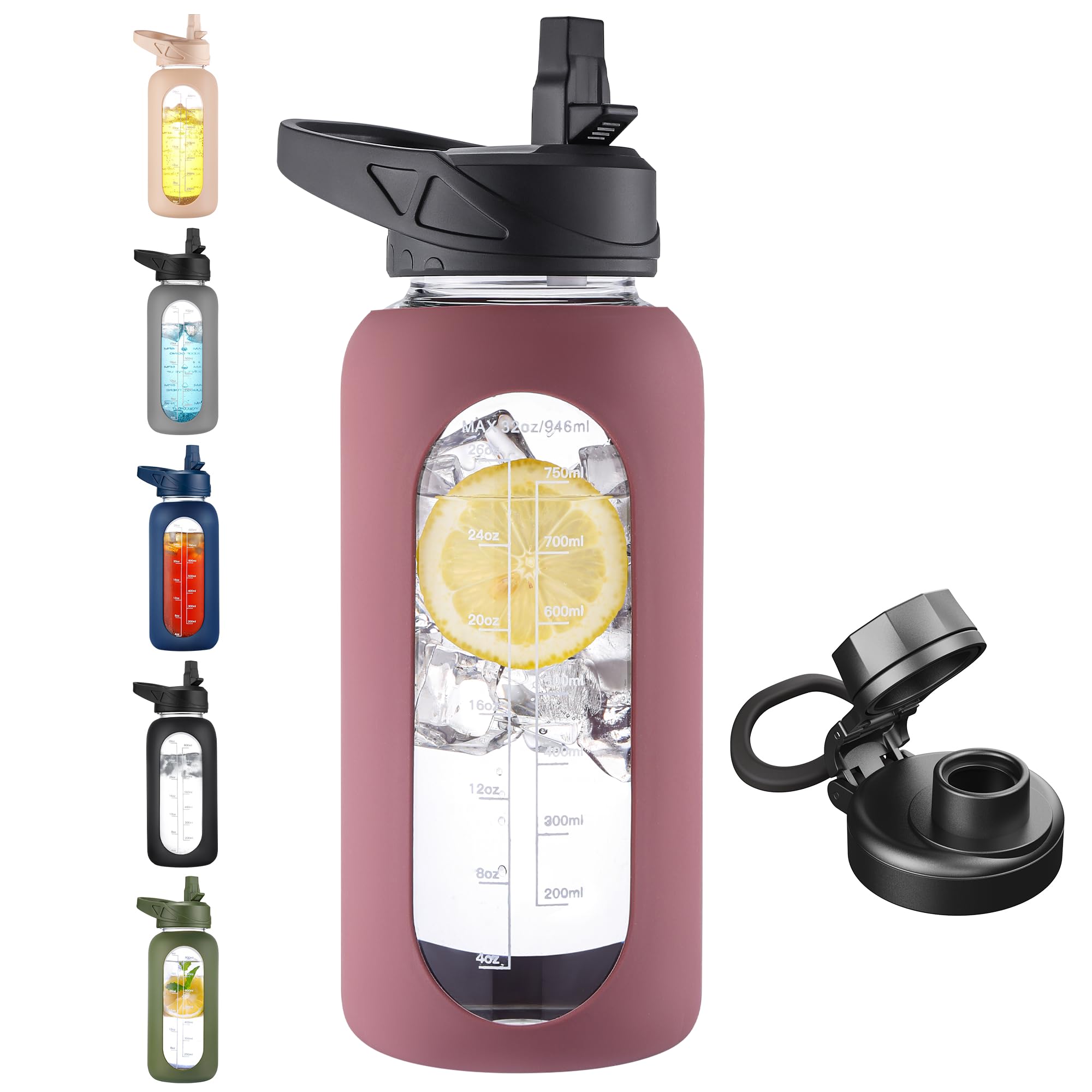 CIVAGO 32 oz Glass Water Bottle with Straw and Handle, Large Sports Motivational Water Bottle Flask with Time Marker and 2 Lids, Leakproof Water Jug Canteen with Silicone Sleeve for Gym, Rose Taupe