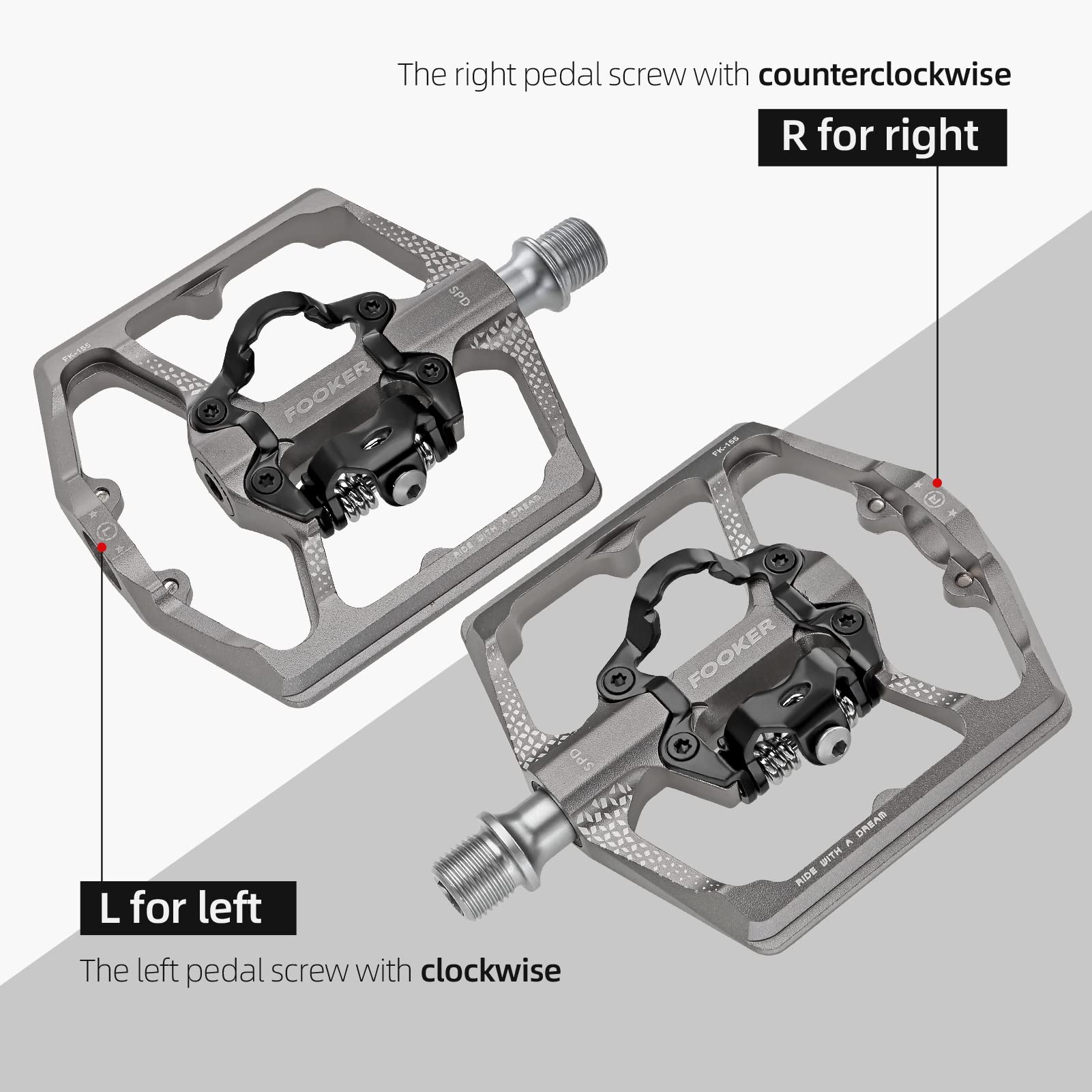 'FOOKER MTB Mountain Bike Pedals, Dual Function Flat and Pedal,3 Sealed Bearing Flat Platform Compatible with Clipless Pedal Aluminum 9/16'' Pedals with Cleats for Road Mountain BMX MTB'