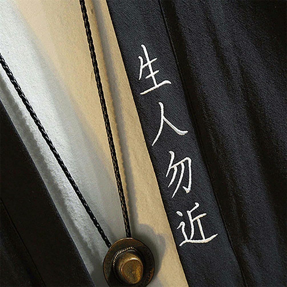 Men's Hip-hop mid-Sleeved Shirt Embroidered Chinese Shirt Cardigan V-Neck Street with Pocket tie Tassel Design top