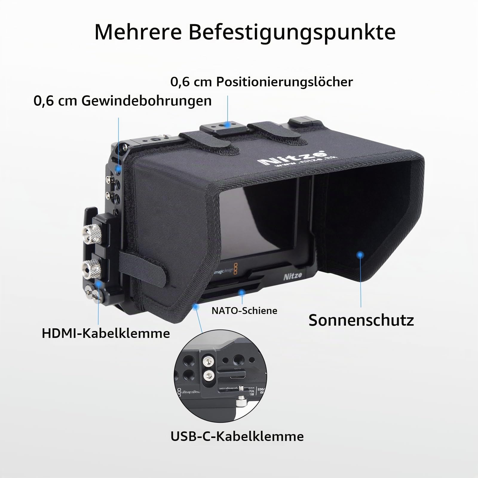 Nitze Cage Kit for Blackmagic Video Assist 5" 12G / 3G with Sunhood, HDMI and USB-C Cable Clamps - JT-B01B