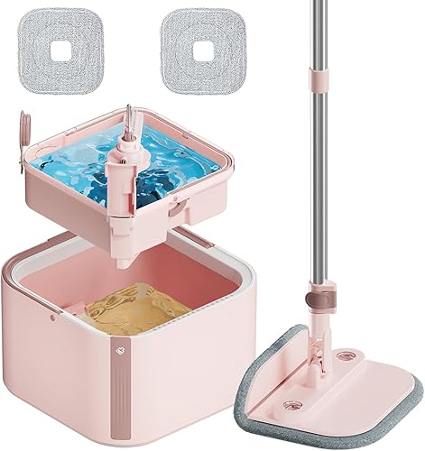 KZKR Juego de trapeador giratorio cuadrado y cubo con sistema de agua sucia y limpia de separación automática, cabezal de trapeador giratorio de 360