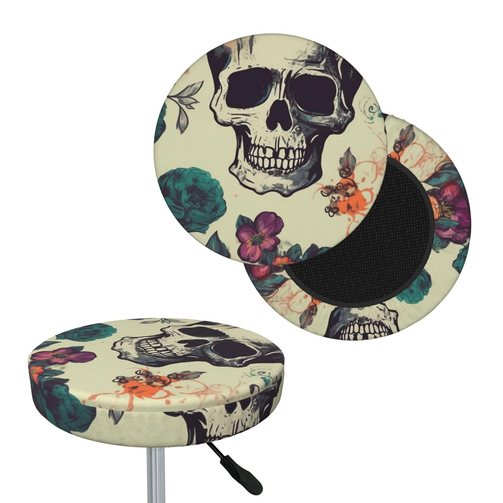 FekiLoot Skull Flower Round Bar Stool Covers Stretch Washable Bar Stool Covers Dustproof Slipcover Bar Chair Covers with Elastic Band for Bar Kitchen Living Room Decor 13 Inch
