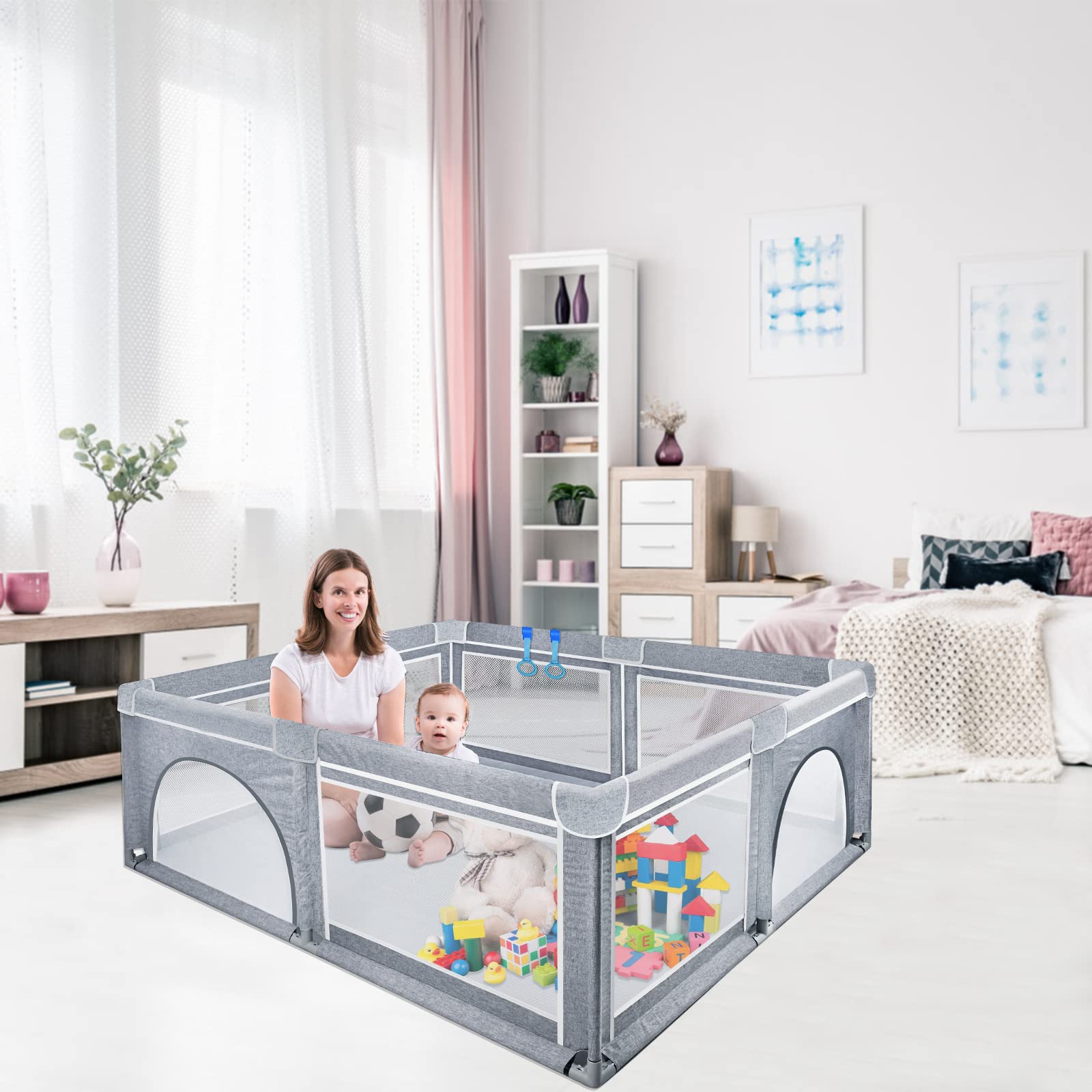 NAIZY Parc pour bébé XXL - Gris - Avec base antidérapante et filet respirant - Pour enfants - Pour l'intérieur et l'extérieur - 200 x 180 x 68 cm