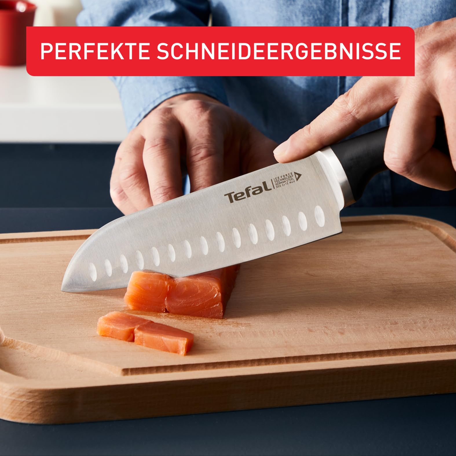Tefal Ice Force Messerblock aus Holz, 5 Messer, Brotmesser 20 cm, Chefmesser, Santokumesser 18 cm, Gemüsemesser 11 cm, Tranchiermesser 9 cm, Edelstahl, braun/schwarz, K232S5