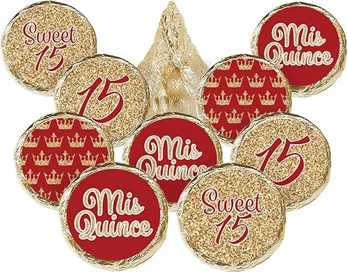 Etiquetas de recuerdo de fiesta de quinceañera, rojo y dorado, 180 calcomanías