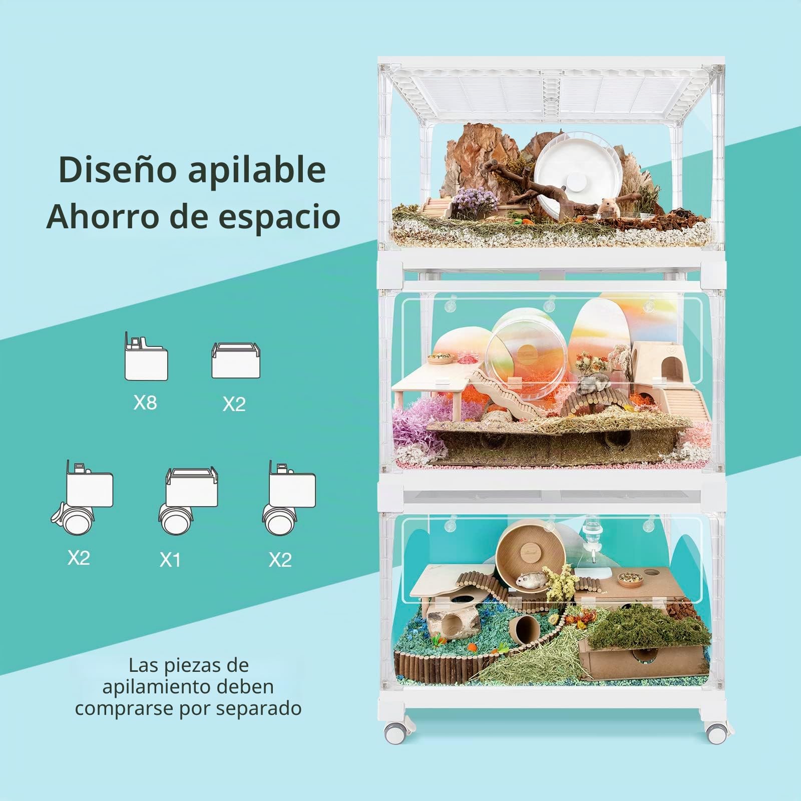 Niteangel Jaula para Hámster Serie Stacker: Encerramiento Apilable y Amplio de Vidrio para Hámsters, Gerbos, Lemmings, Degús u Otros Animales Pequeños de Tamaño Similar (Vidrio en los 4 Lados)