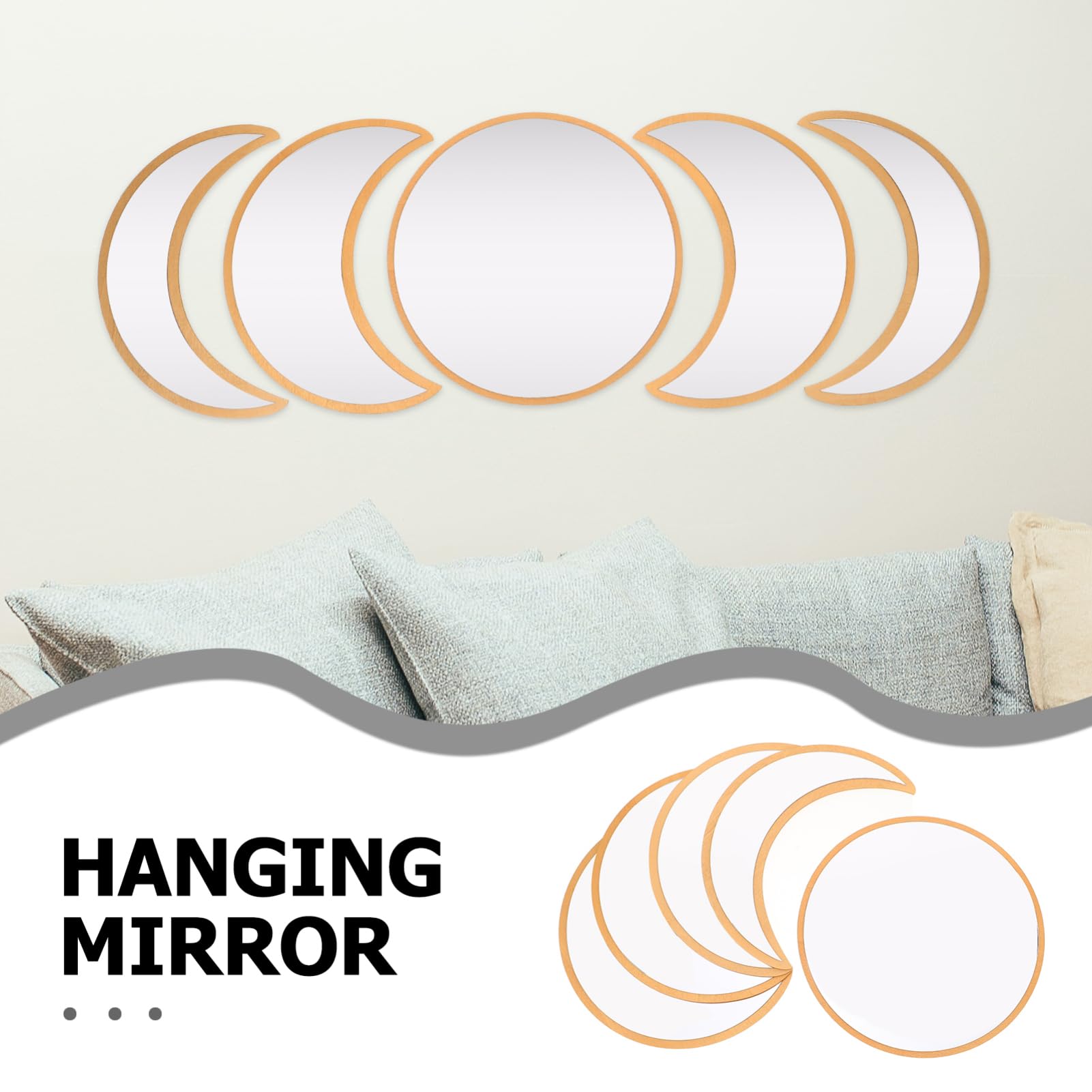 Garneck Set 5 Pezzi Specchi Decorativi Fasi Lunari in Legno Acrilico | Argento, Stile Nordico Semplice ed Elegante, Riflessione Nitida ad Alta Chiarezza, per Casa e Living Space