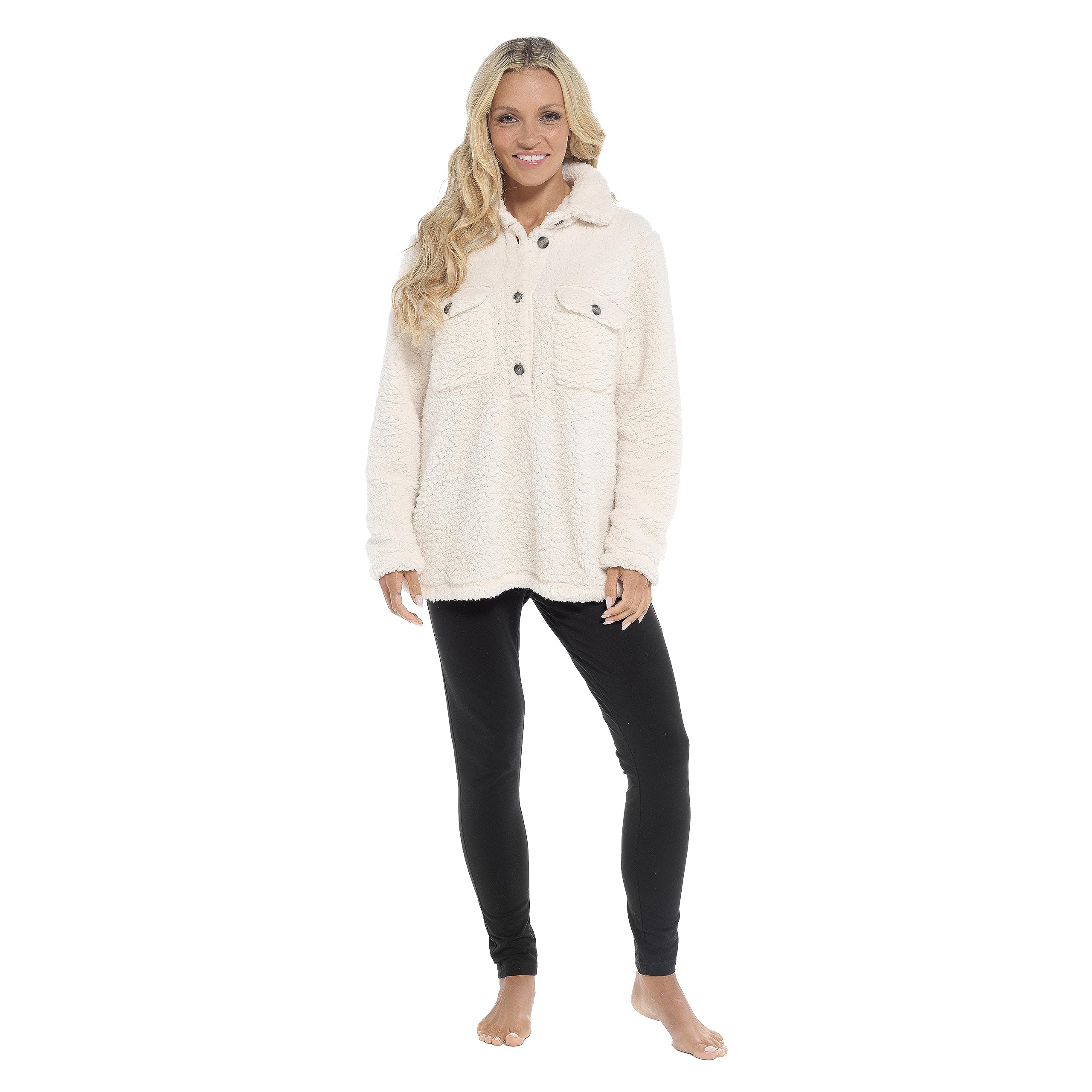 Daisy Dreamer Womens Pyjama Set Sherpa Top and Leggings Warm Winter Pjs Casual Loungewear Cosy 2 Piece Sets, Cream Small
