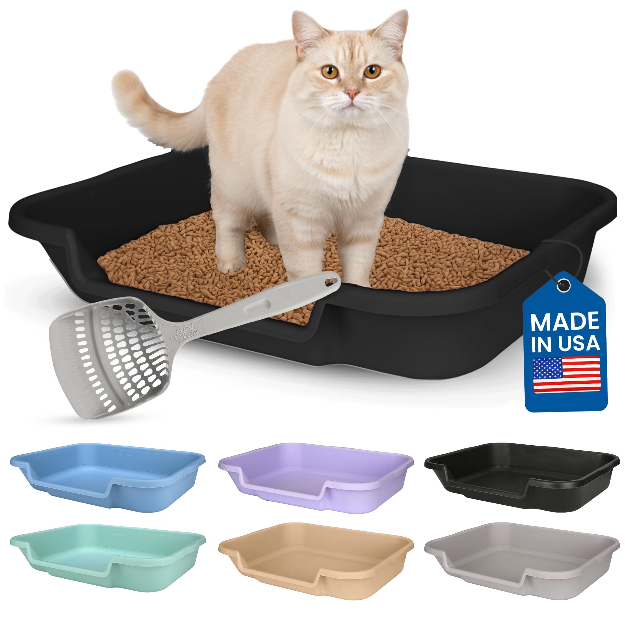 KittyGoHere Senior Cat Litter Box, Large Litter pan with Long-Handle Jumbo Scoop, Open Top Low Entrance Kitty Litters Box, Lightweight Low Entry Litter Box, Durable, Made in USA (Black) — image 1