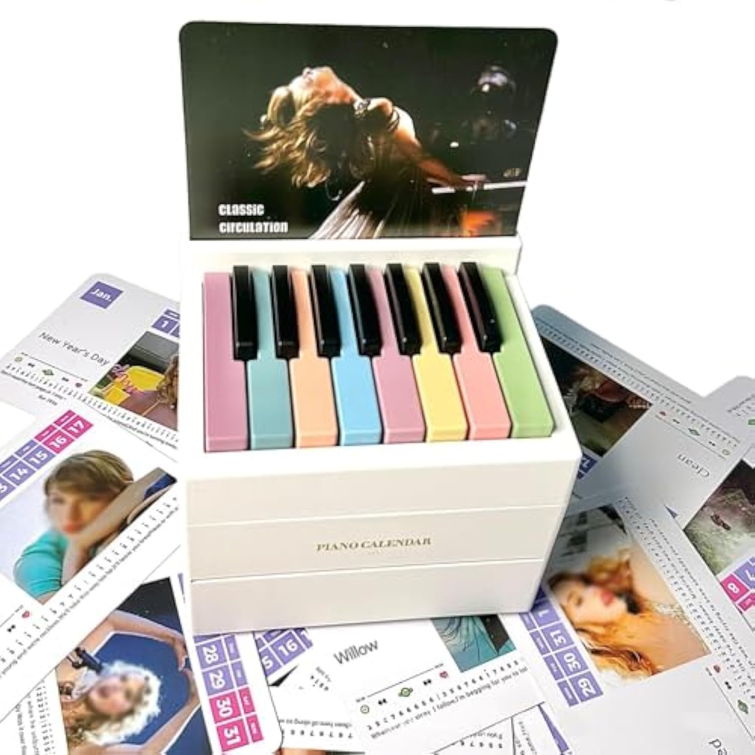 Taylor Swift Piano Calendar Swift Desktop Peripheral Ornaments Playable Piano Desk Calendar with 27 Music Calendar Cards 52 Songs Creative Time Piece Calendar Swift Fans Gift (White)