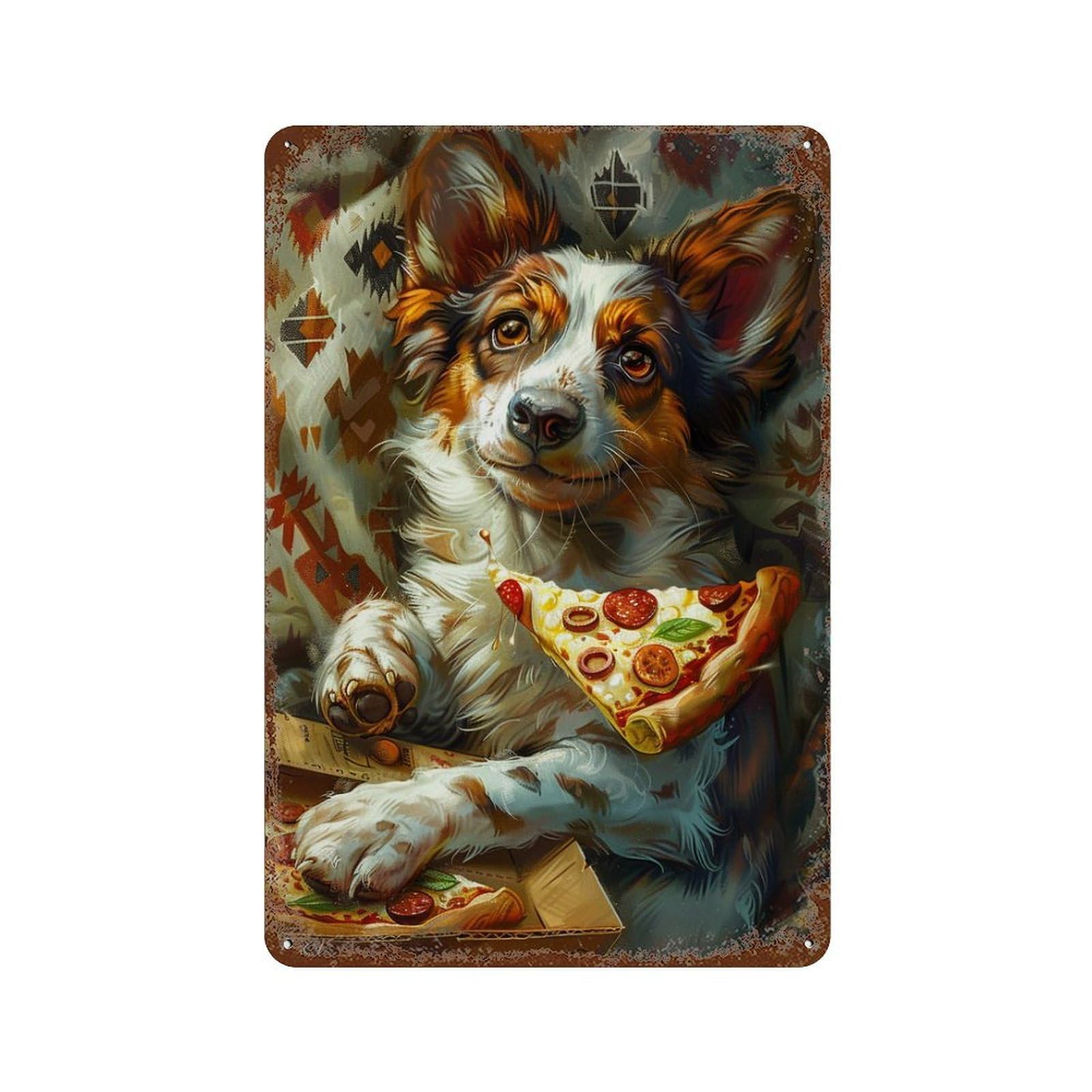 Dog Eating Pizza Art Print-1 11.8"x7.9" Vintage Rust Metal Sign, Shabby Chic Decor for Cafe, Home Bar And Lounge Decor