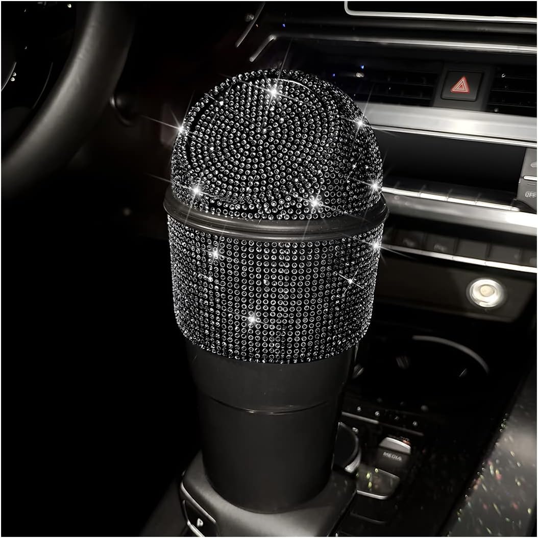 AICEL Car Bling Rhinestone Trash Can, Car Accessories, Mini Garbage Bin with Lid for Auto Cup Holder, Leakproof Crystal Small Garbage Can, Plastic Trash Bin for Home Office Kitchen Bedroom