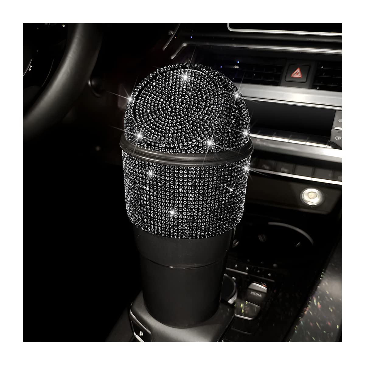 AICEL Car Bling Rhinestone Trash Can, Car Accessories, Mini Garbage Bin with Lid for Auto Cup Holder, Leakproof Crystal Small Garbage Can, Plastic Trash Bin for Home Office Kitchen Bedroom