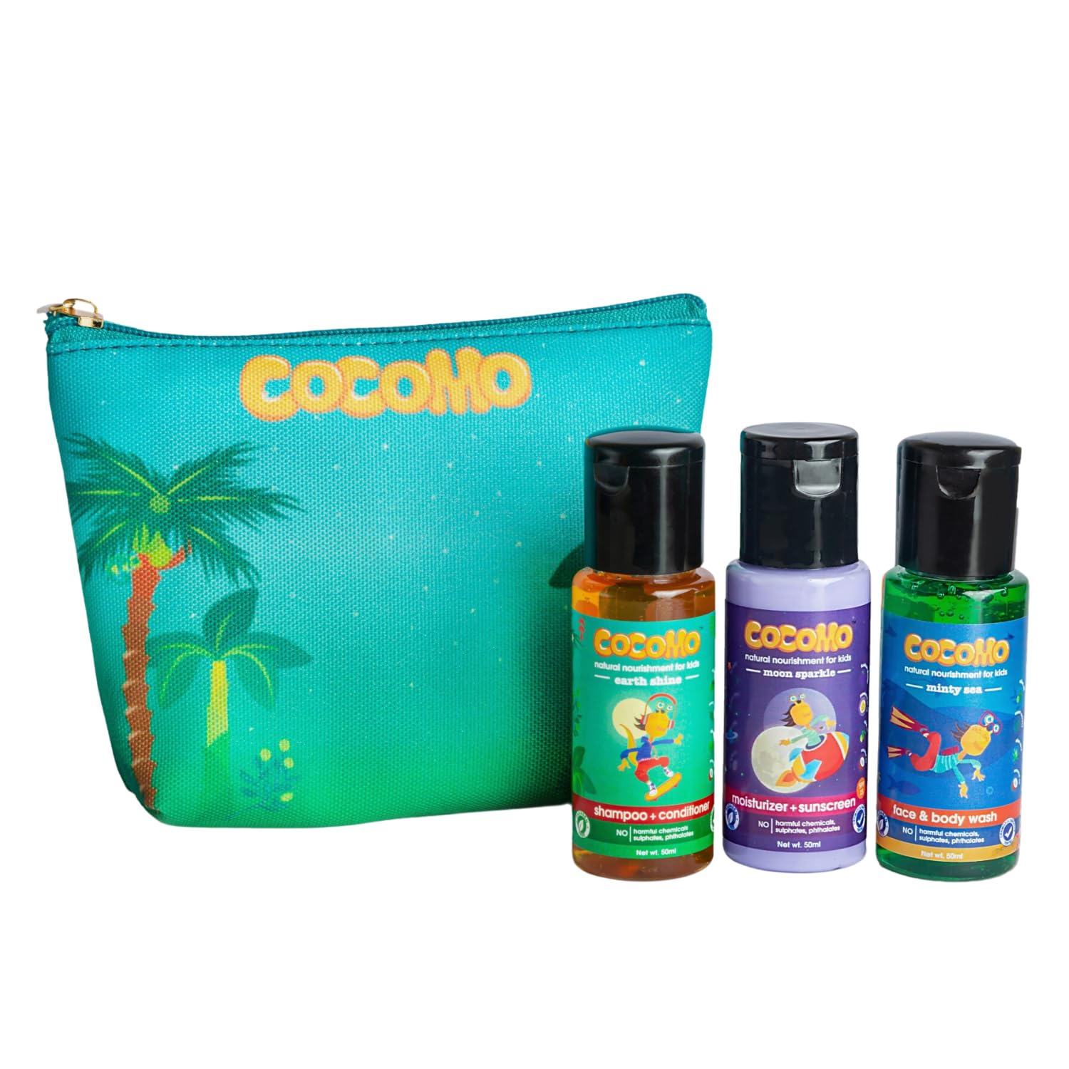Cocomo Assorted Mini Gift Pack Travel Essentials for Kids, Includes Multi-Purpose Pouch, Shampoo + Conditioner, Face & Body Wash & Moisturizer + Sunscreen (50ml x 3), 100% Natural, Age: 4+ Years