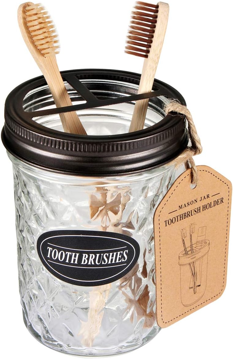 Amolliar Mason Jar Toothbrush Holder- Rustproof Stainless Steel - Holds 2 Toothbrushes and Toothpaste,with Chalkboard Labels - Farmhouse Décor Bathroom Countertop and Vanity Storage Organizer,Bronze: Home & Kitchen