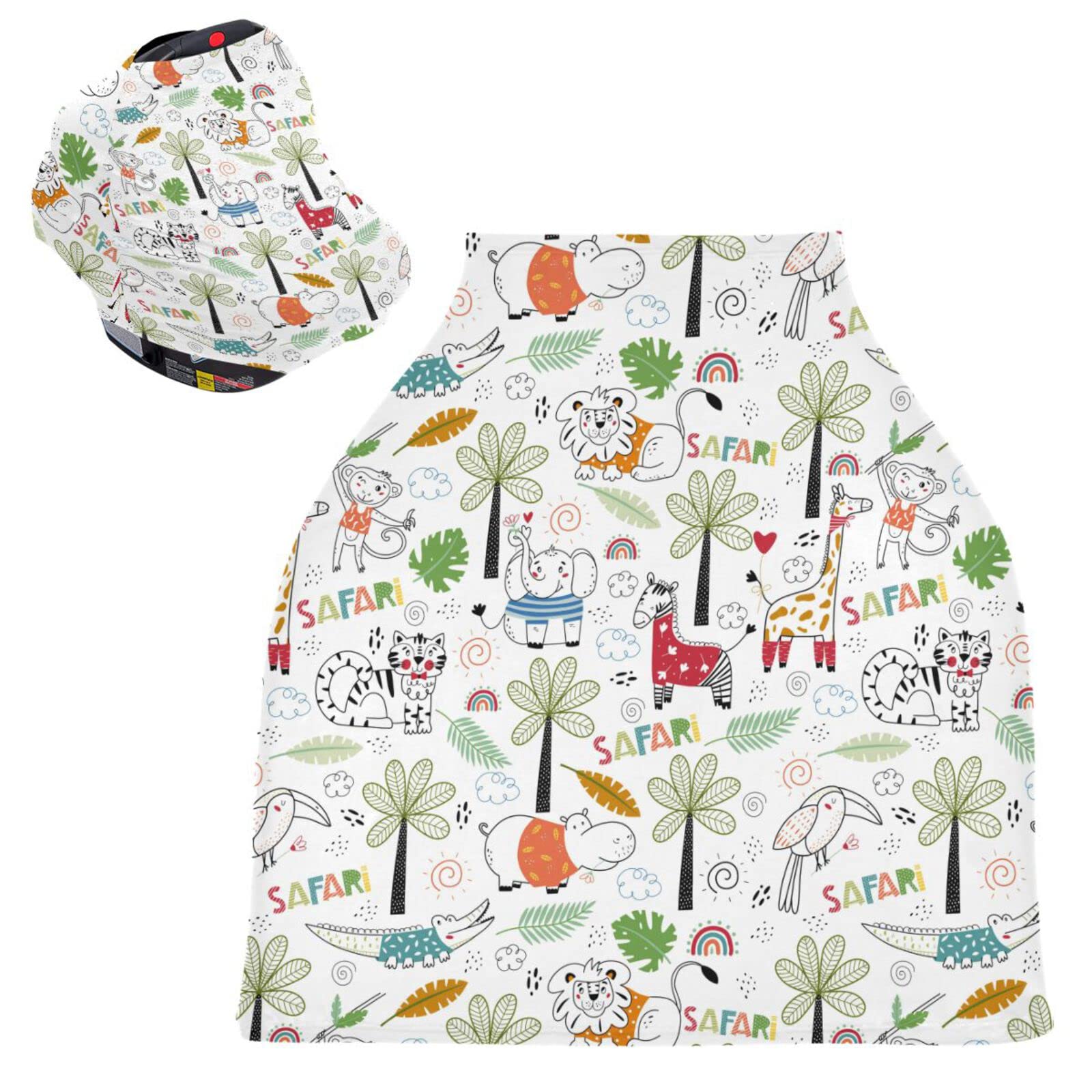 Giraffe Monkey Elephant Crocodile Baby Car Seat Covers Hippo Lion Animals Carseat Canopy Soft Infant Stroller Cover Nursing Breastfeeding Covers for Girls Boys Newborn Fit Summer Spring Autumn