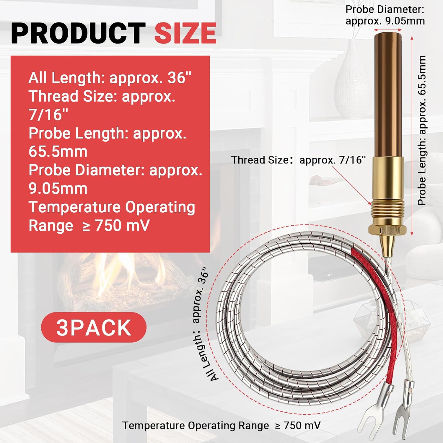 3 PCS Gas Fryer Thermocouple for Pitco 60125501, 36 Inch, 750mv Thermopile Replacement Fryer Parts, Gas Fryer Replacement Assembly for Elite Imperial Frymaster Dean Southbend Oven Gas Water Heater