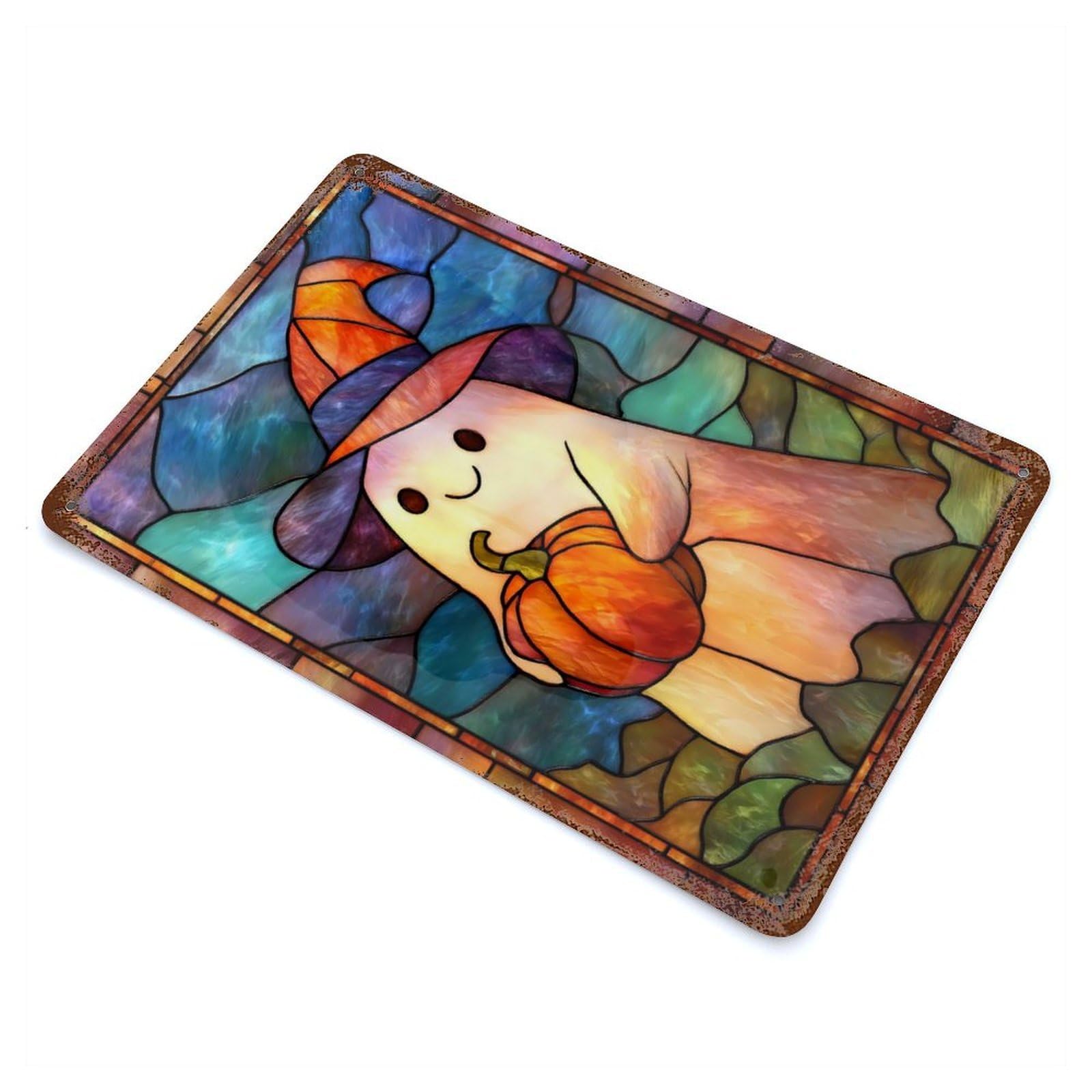 Halloween Ghost with Pumpkin Stained Glass Rustic Tin Plaque 11.8"x7.9", Ideal for Shed, Workshop And Garage Wall Decor