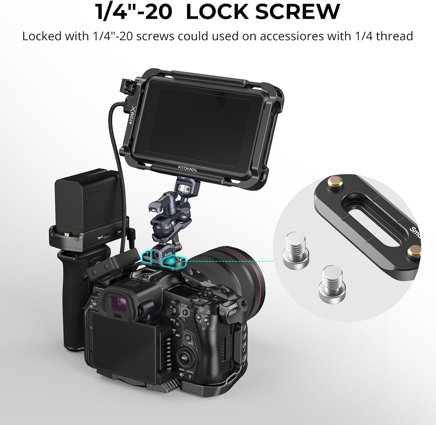 SmallRig Mini NATO Rail attached with 1/4-20 screws to a camera cage with monitor