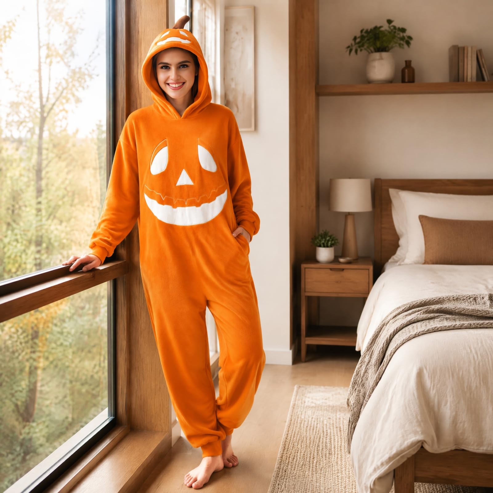 Pigiama intero a forma di zucca di Halloween, tuta cosplay per adulti con viso di zucca felice