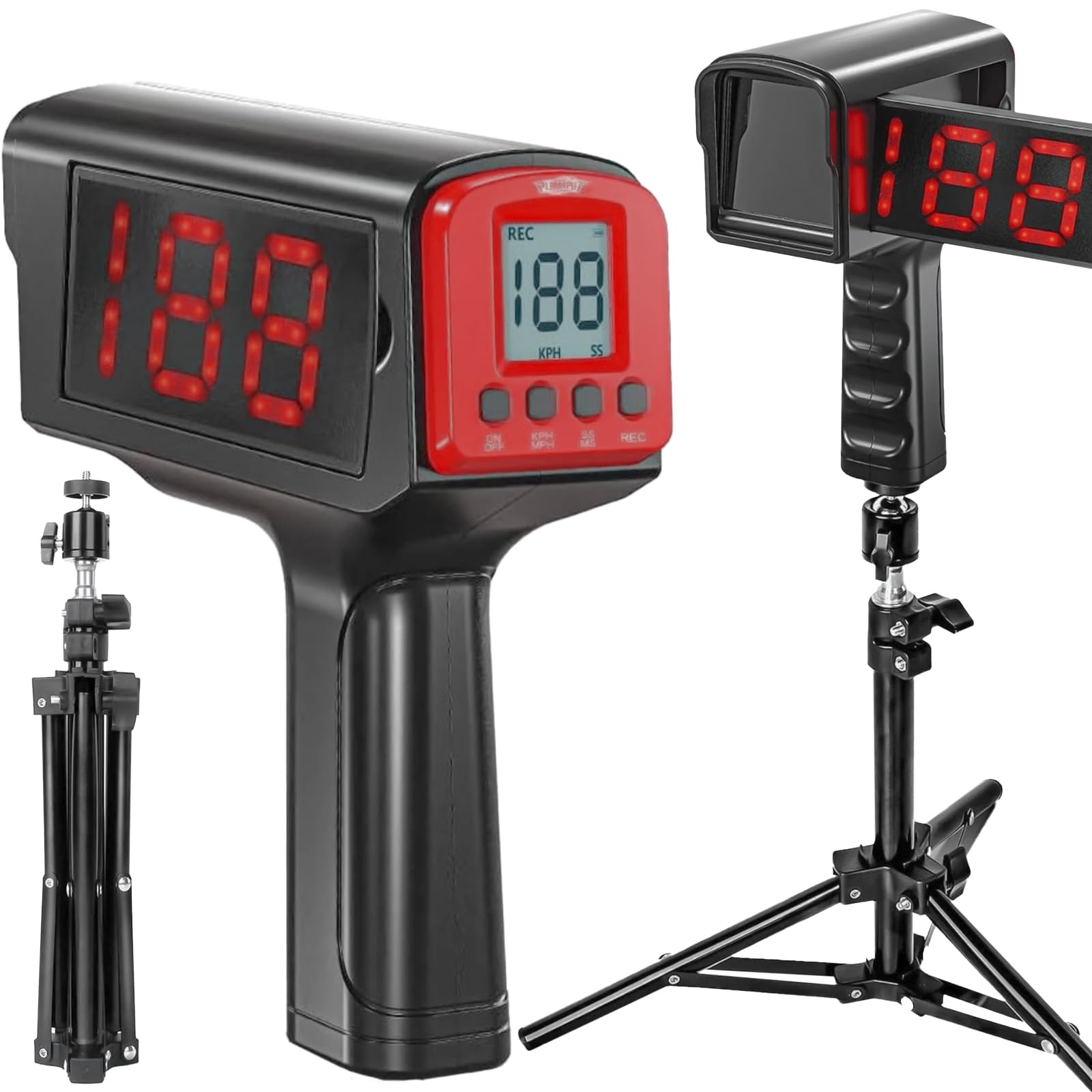 Playaput Speed Ball Radar – Geschwindigkeitsmesser für Bälle 5–199 km/h – Fußball, Tennis, Baseball – Handheld & Stativ – LED & LCD Anzeige